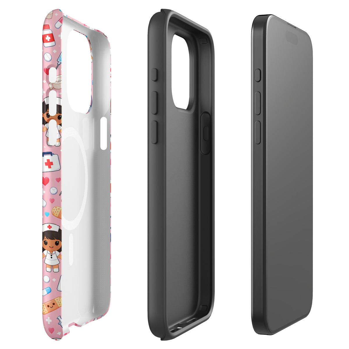 Magnetic Phone Case for iPhone with kawaii nurse medical pattern on light pink background, featuring adorable nurse characters and medical icons.