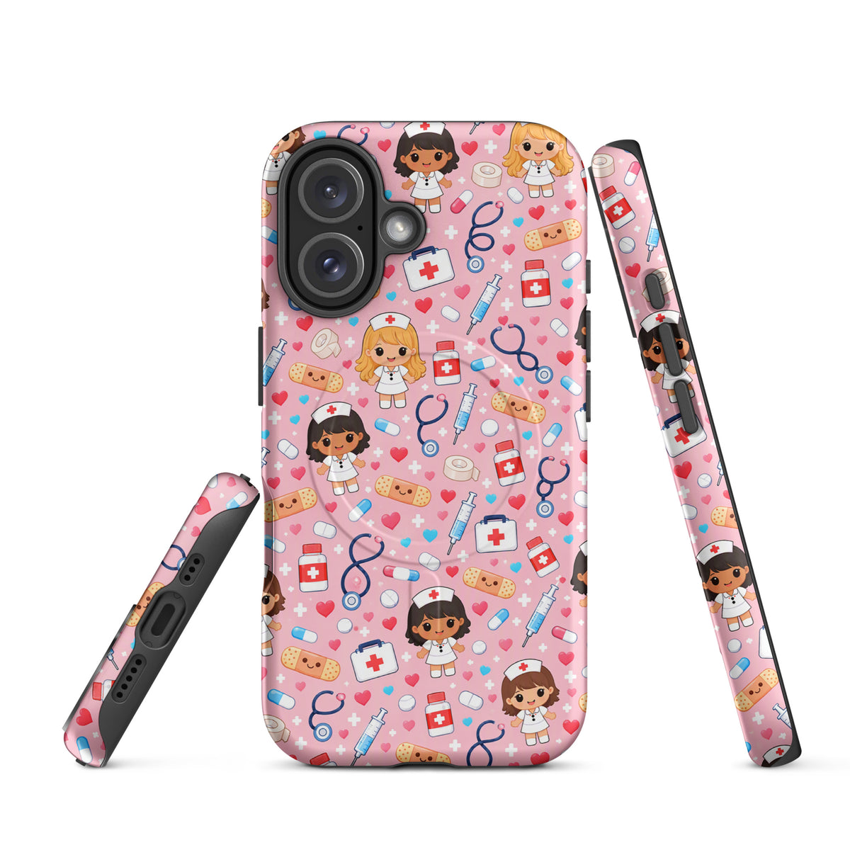 Magnetic Phone Case for iPhone with kawaii nurse medical pattern on pink background featuring nurse characters and medical items.