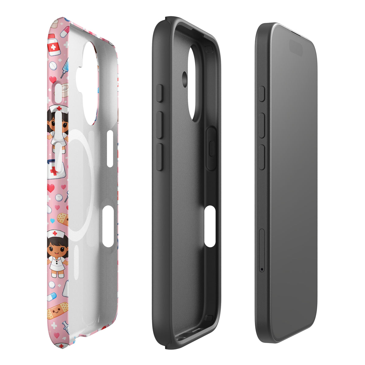 Magnetic Phone Case with kawaii nurse medical pattern for iPhone, featuring cute nurse characters, pills, hearts, and medical items.