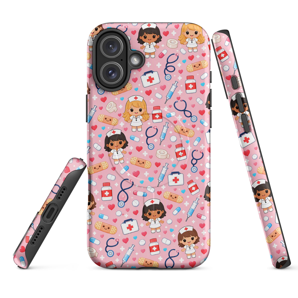 Magnetic Phone Case with kawaii nurse pattern, pink background, includes medical elements like stethoscopes and first aid kits.