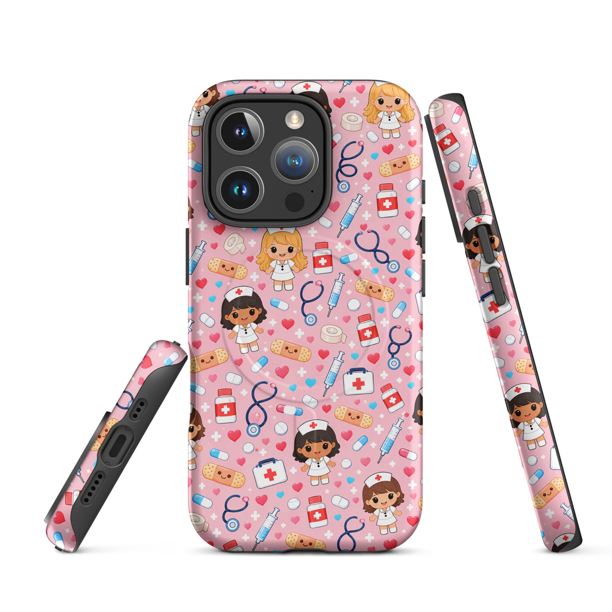 Magnetic Phone Case with kawaii nurse medical pattern on iPhone, featuring adorable healthcare items on light pink background.