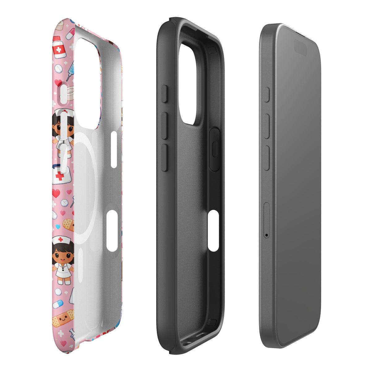 Magnetic Phone Case with kawaii nurse medical pattern for iPhone, featuring cute healthcare-themed design on light pink background.