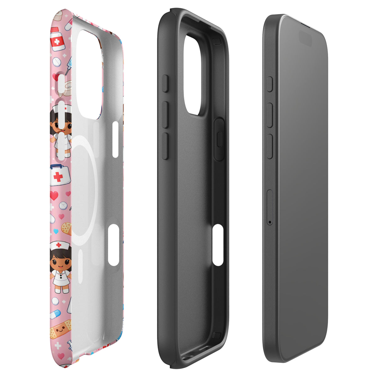 Magnetic Phone Case with kawaii nurse pattern, featuring medical icons on a pink background, ideal for iPhone users.