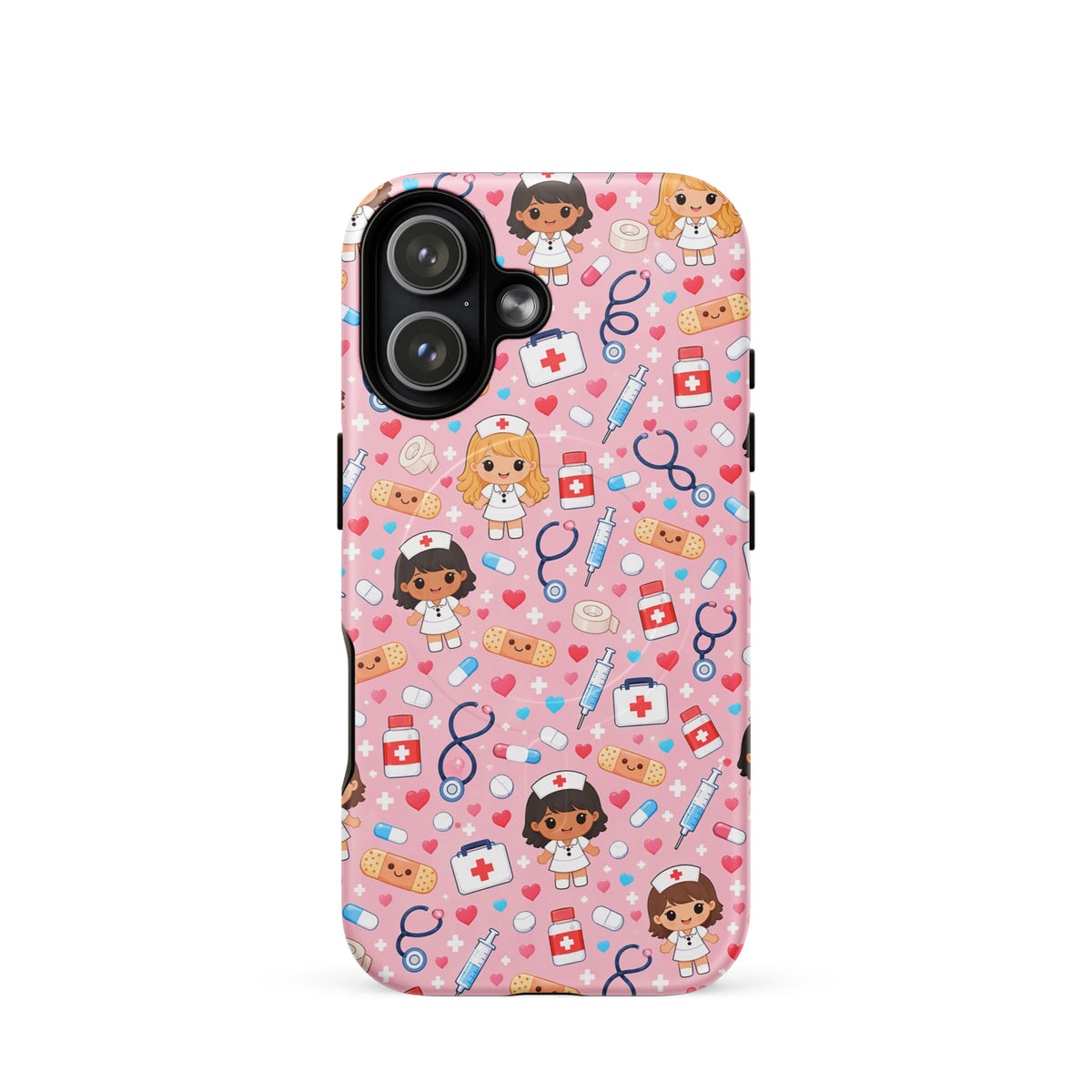 Magnetic Phone Case for iPhone with pink kawaii nurse and medical pattern, featuring cute nurse characters and medical tools.
