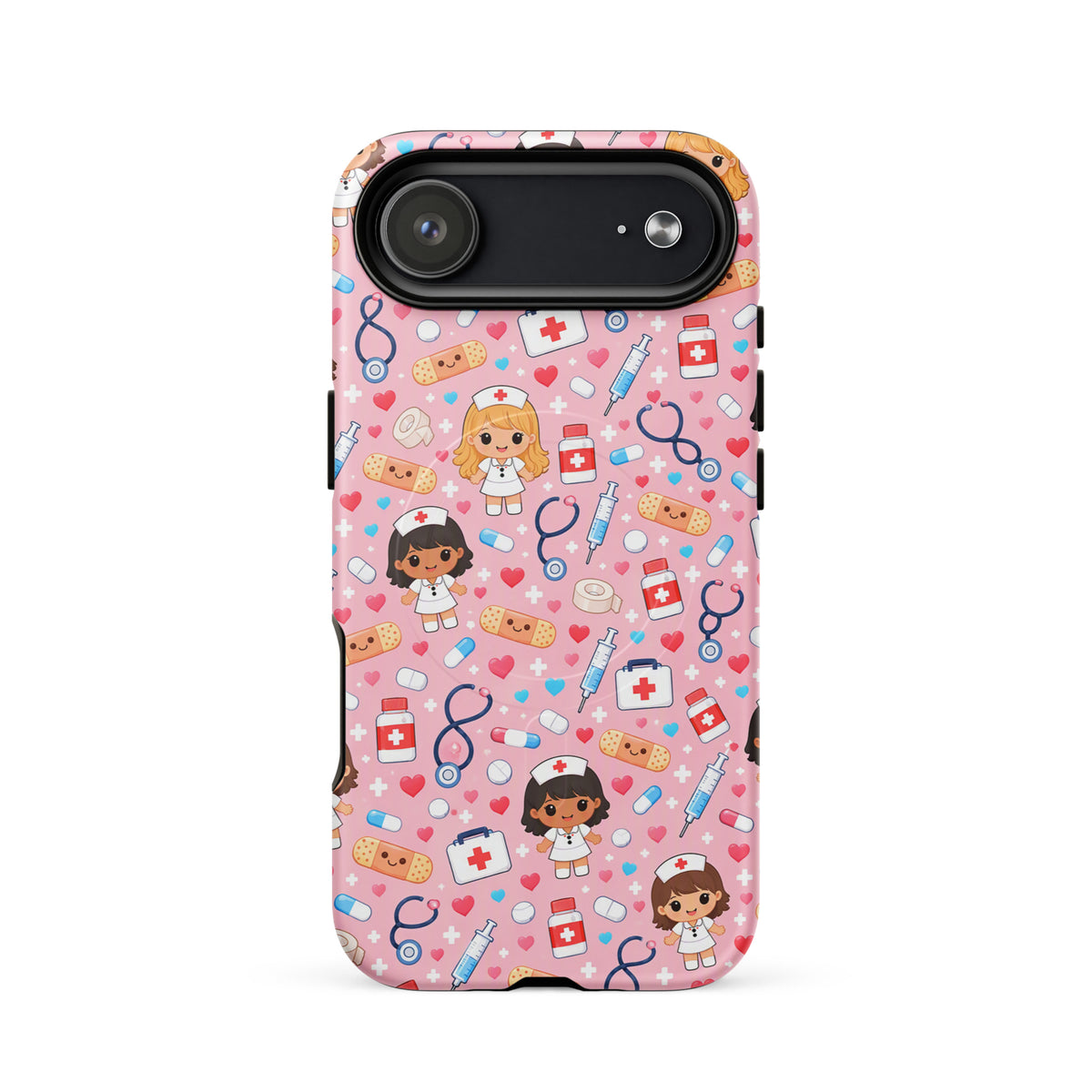 Magnetic Phone Case with kawaii nurse medical pattern on pink background, featuring syringes, bandages, and medical items for iPhone.