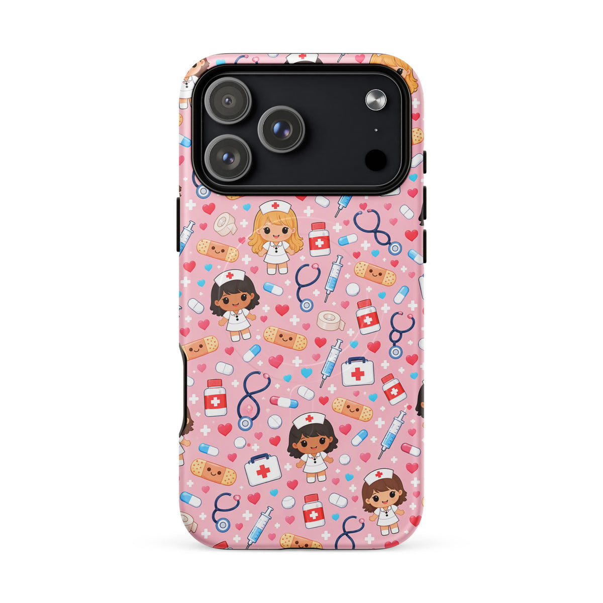 Magnetic Phone Case with kawaii nurse medical pattern on pink background, featuring stethoscopes, bandages, and medical items.