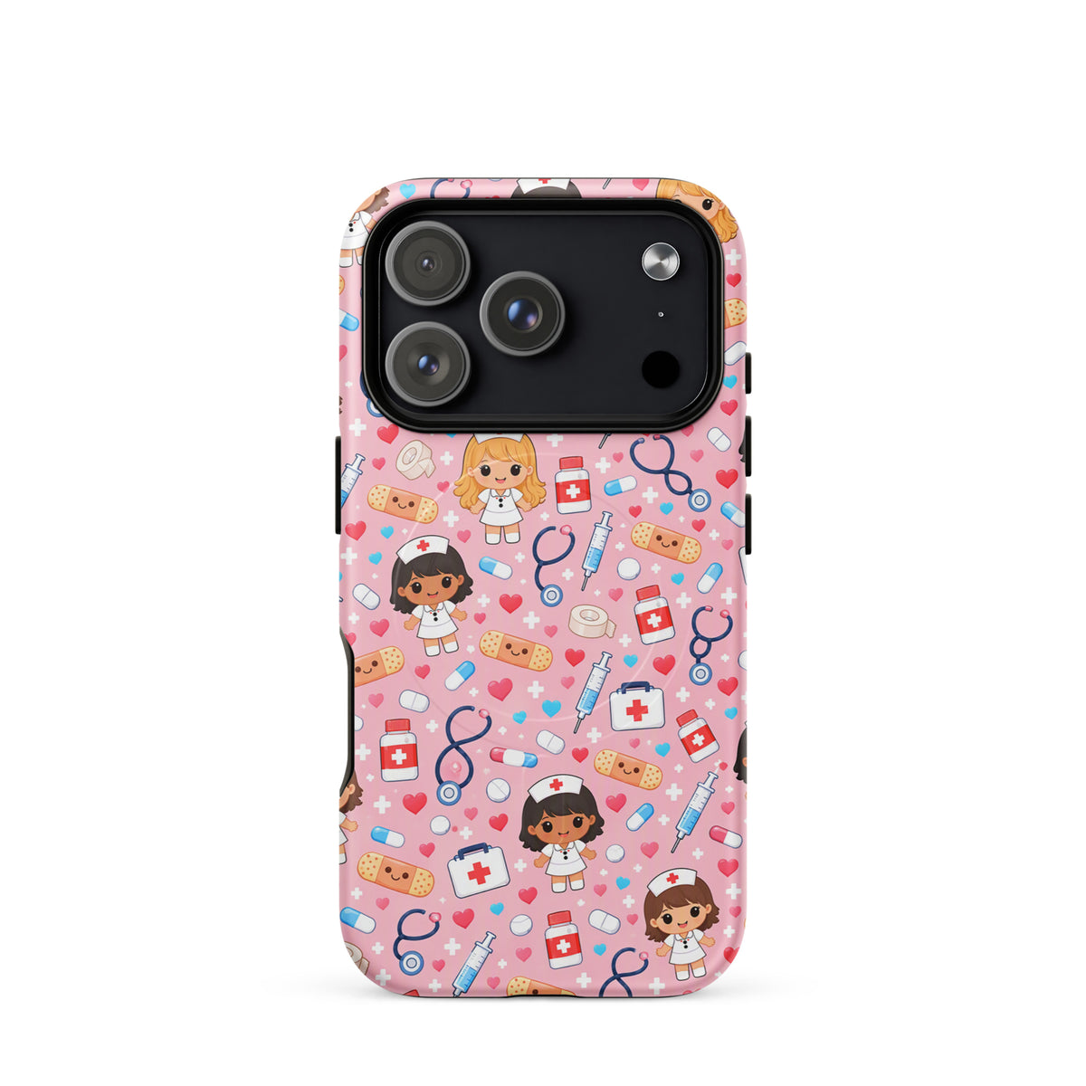 Magnetic Phone Case with kawaii nurse pattern featuring medical items on pink background for iPhone.