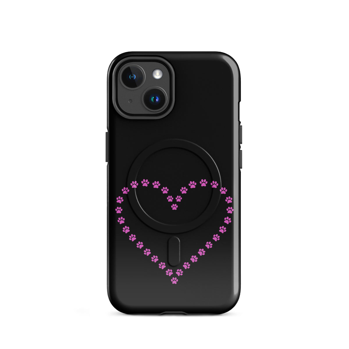 Black Magnetic Phone Case for iPhone with pink paw print heart design for pet lovers.