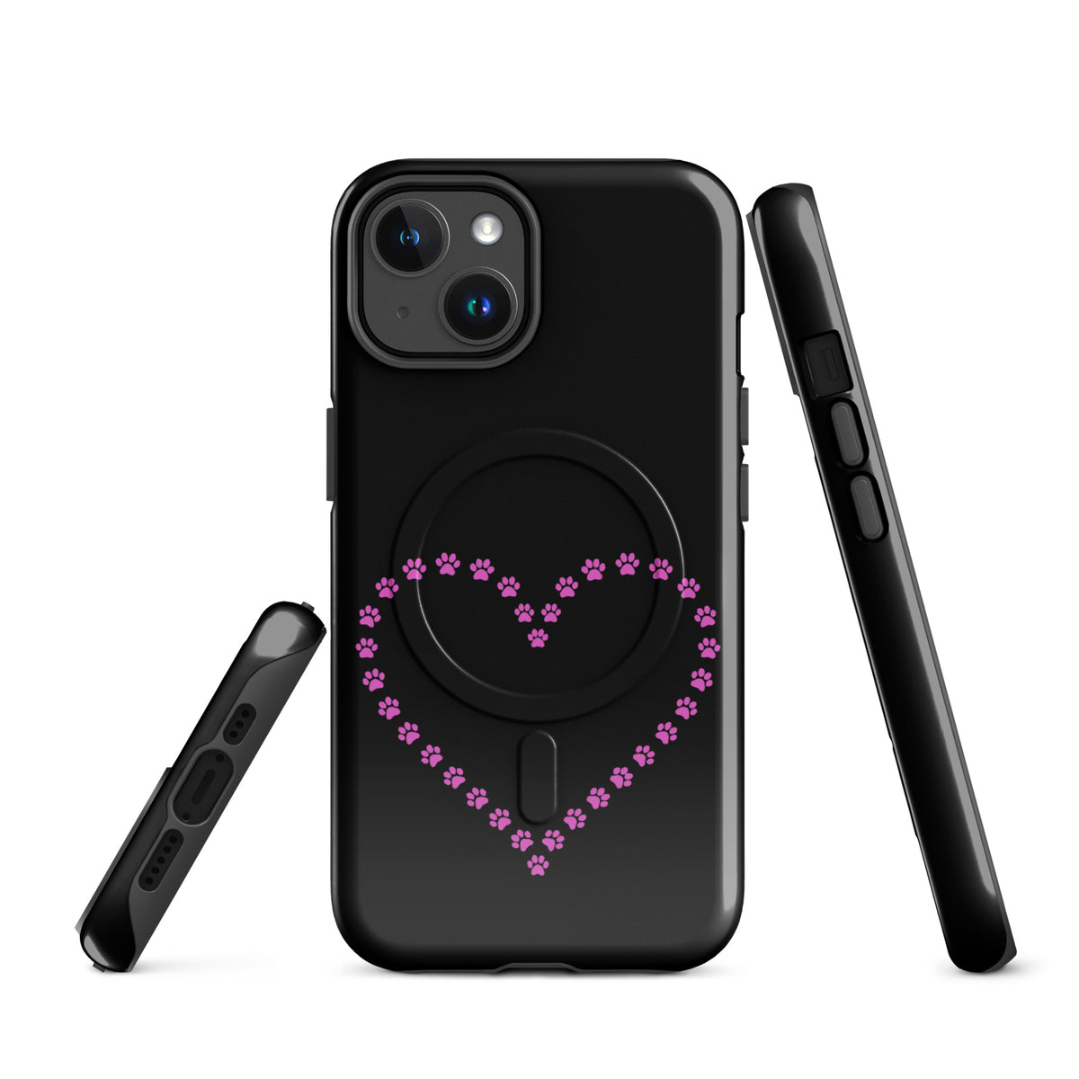 Black and pink Magnetic Phone Case with paw print heart design for pet lovers, compatible with iPhone.