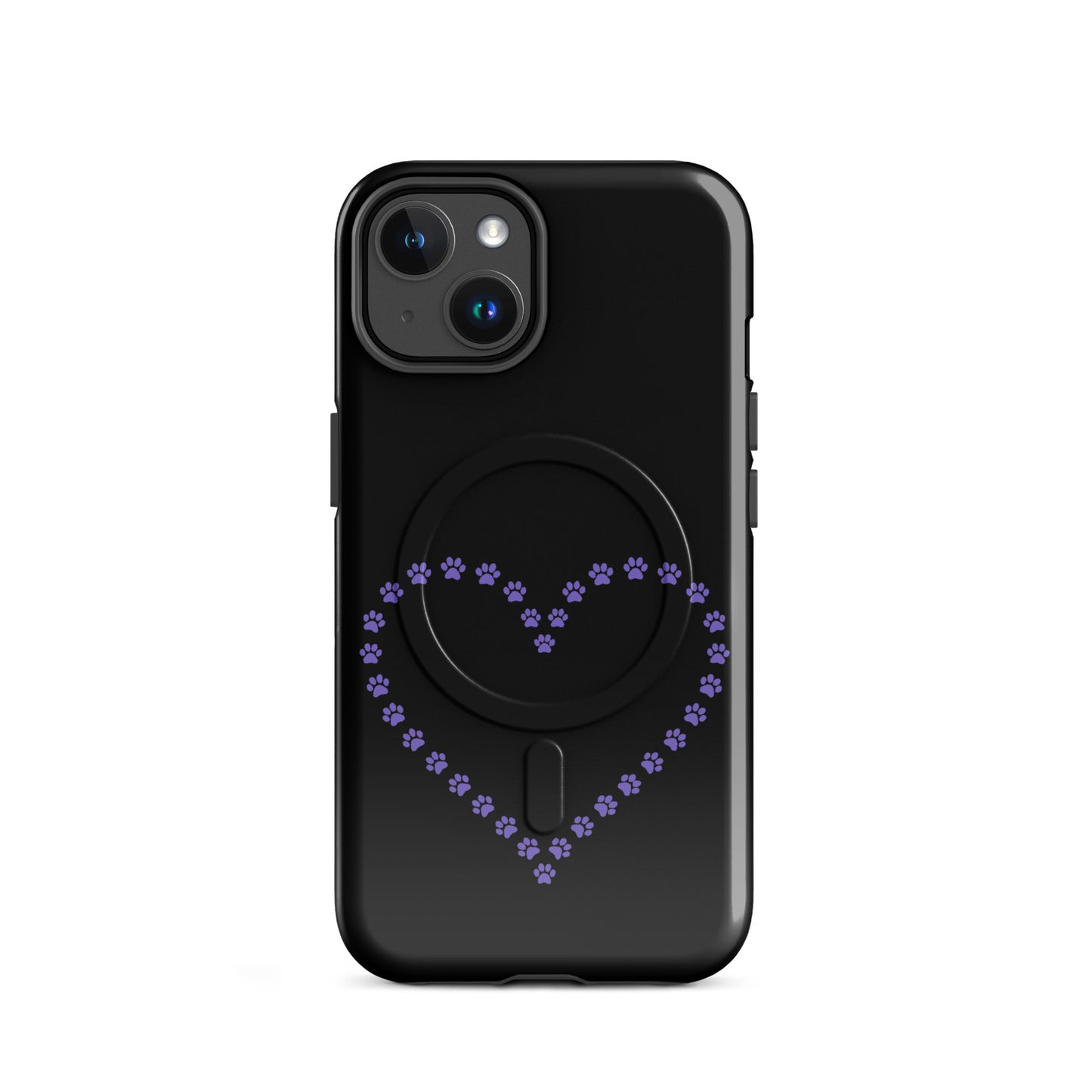 Black Magnetic Phone Case with purple paw print heart design for iPhone, perfect for pet lovers.