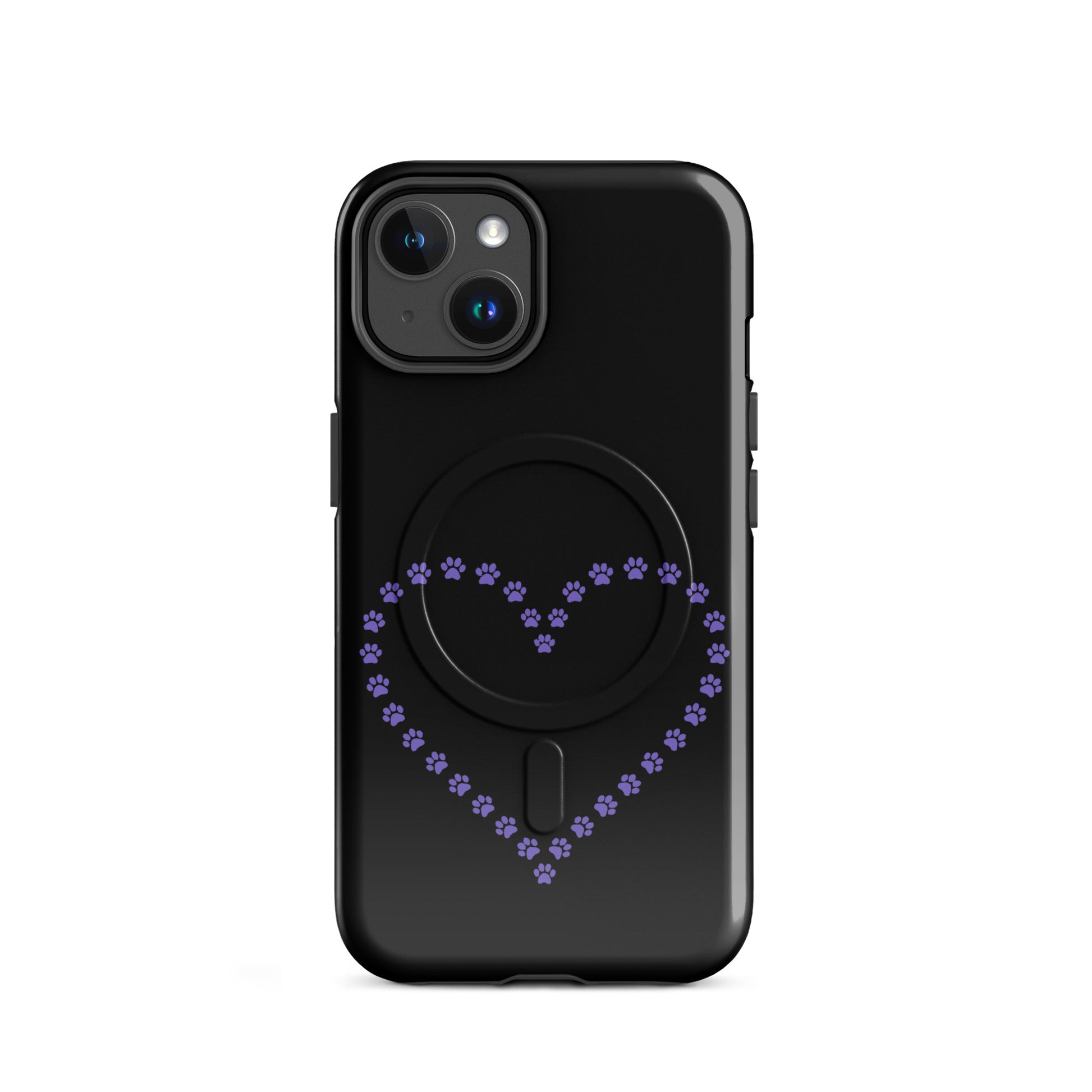 Black Magnetic Phone Case with purple paw print heart design for iPhone, perfect for pet lovers.