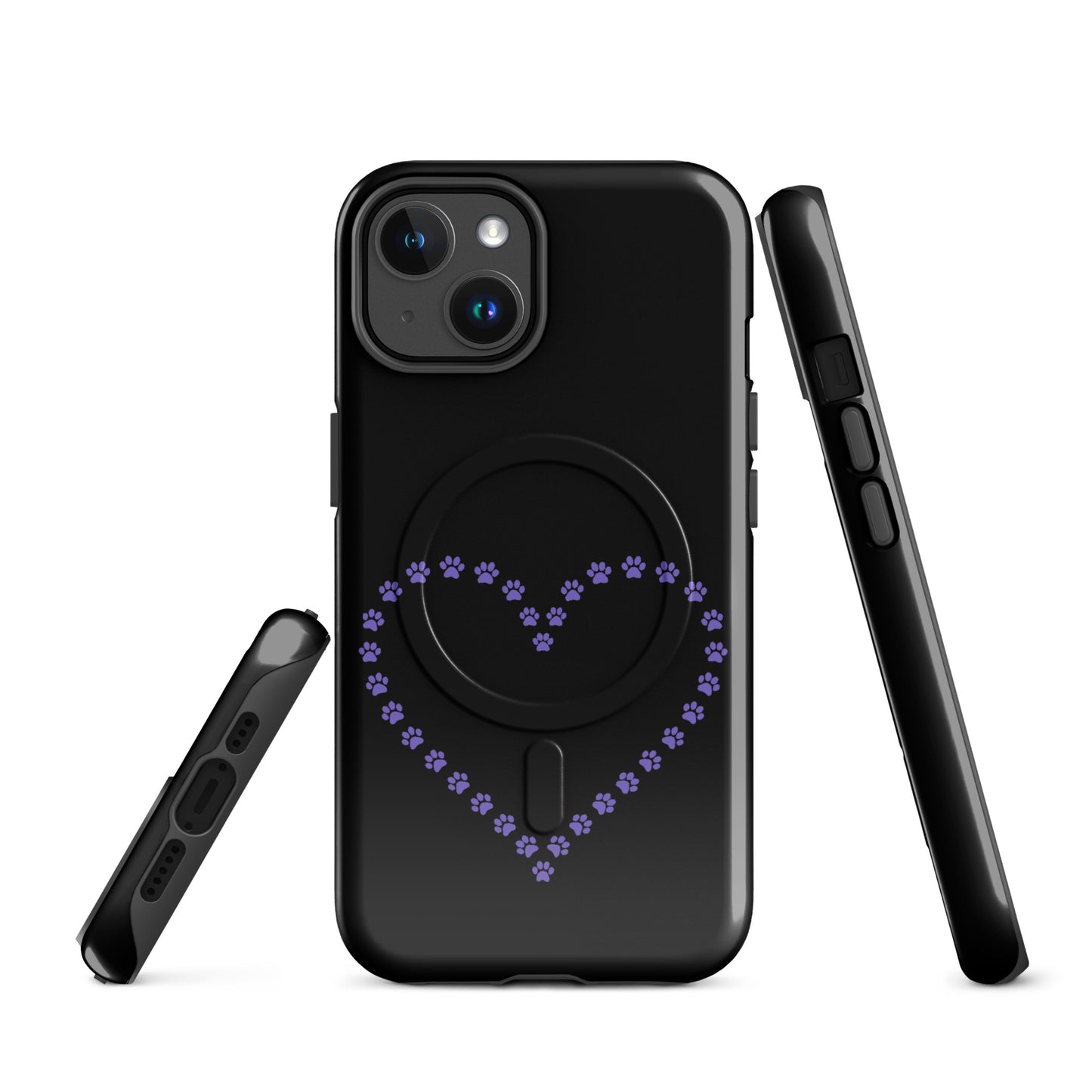 Magnetic Phone Case for iPhone with paw print heart design in black and purple, ideal for pet lovers seeking style and protection.
