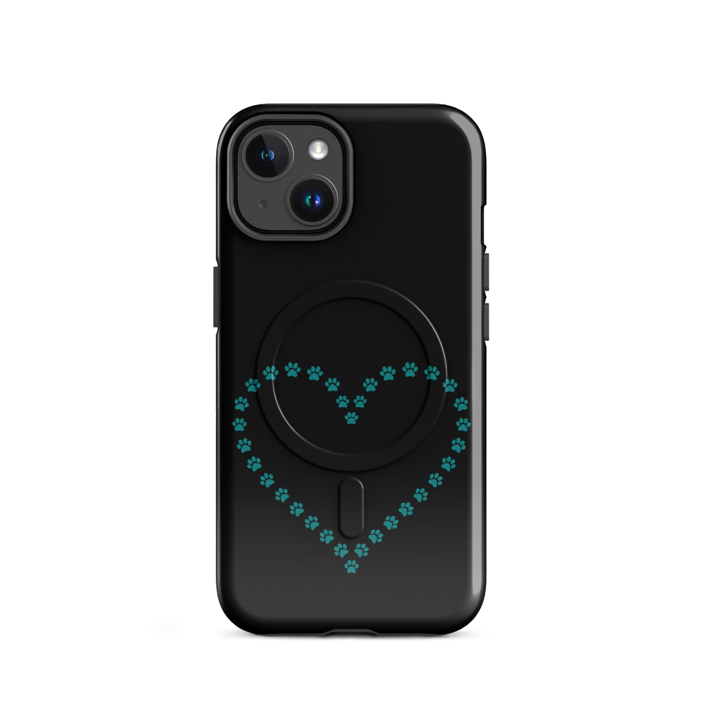Magnetic Phone Case for iPhone with paw print heart design in black and teal, perfect for pet lovers seeking style and protection.