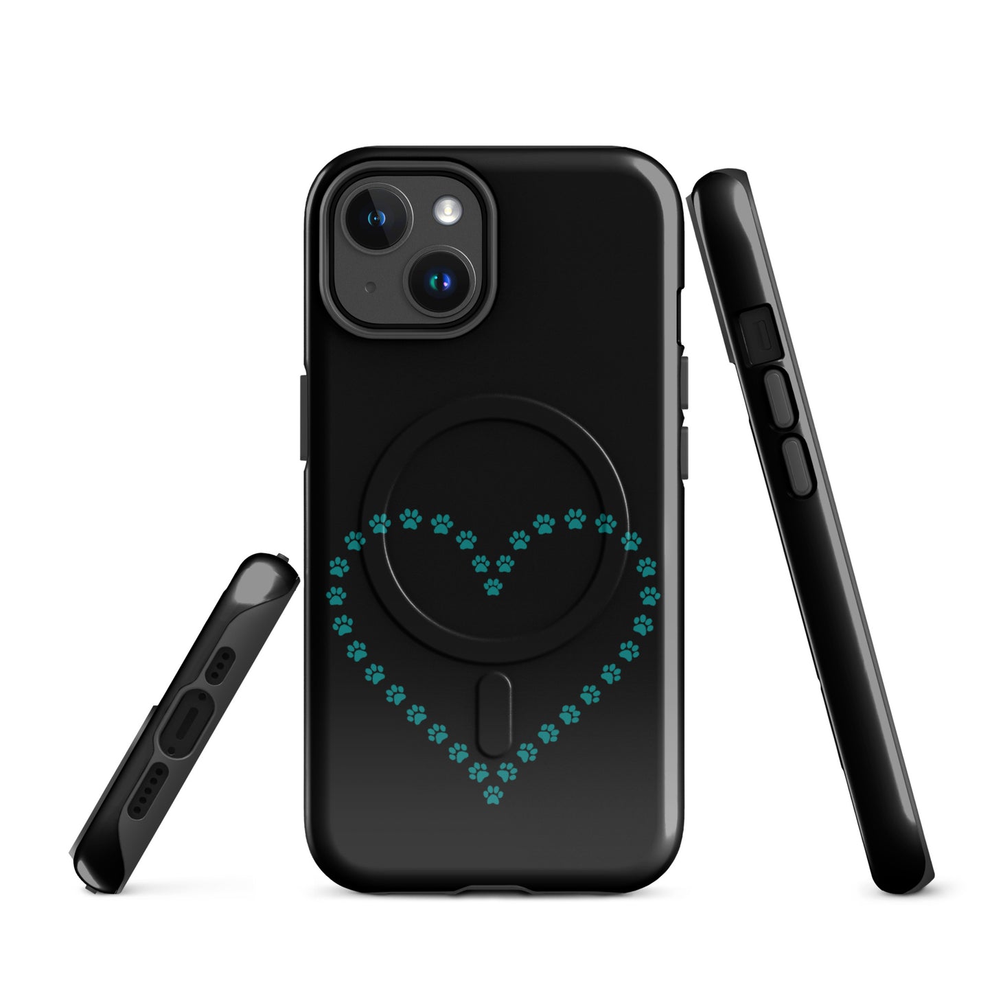 Magnetic Phone Case for iPhone with paw print heart design in black and teal, perfect for pet lovers seeking playful protection.