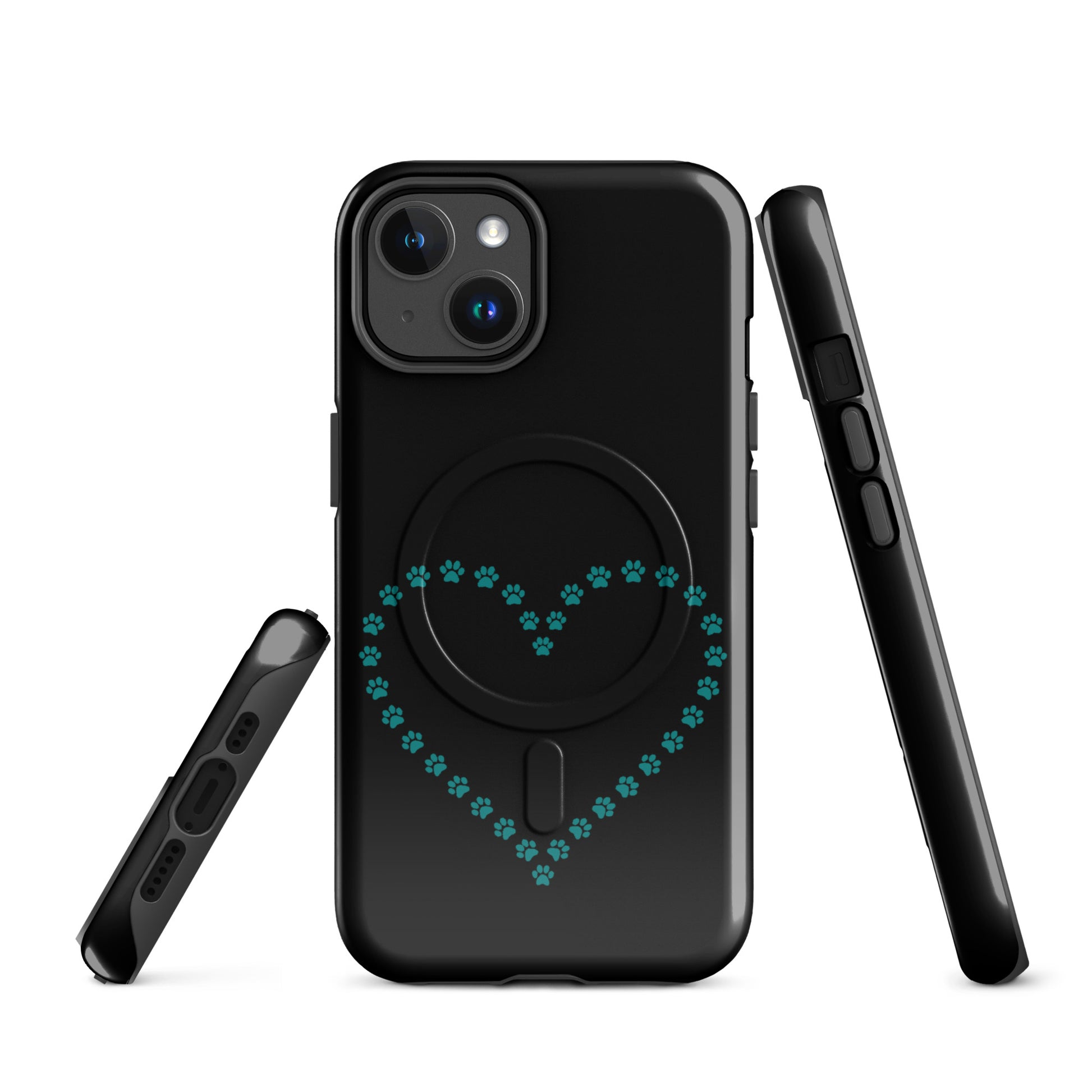Magnetic Phone Case for iPhone with paw print heart design in black and teal, perfect for pet lovers seeking playful protection.