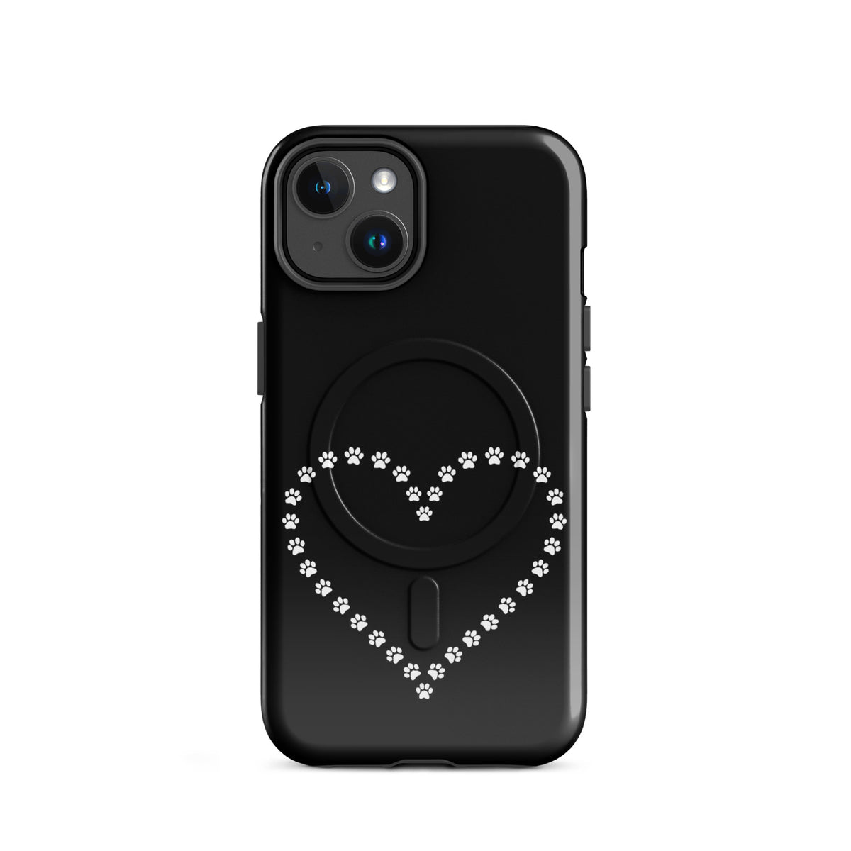 Magnetic Phone Case for iPhone featuring paw print heart design in black and white for pet lovers.