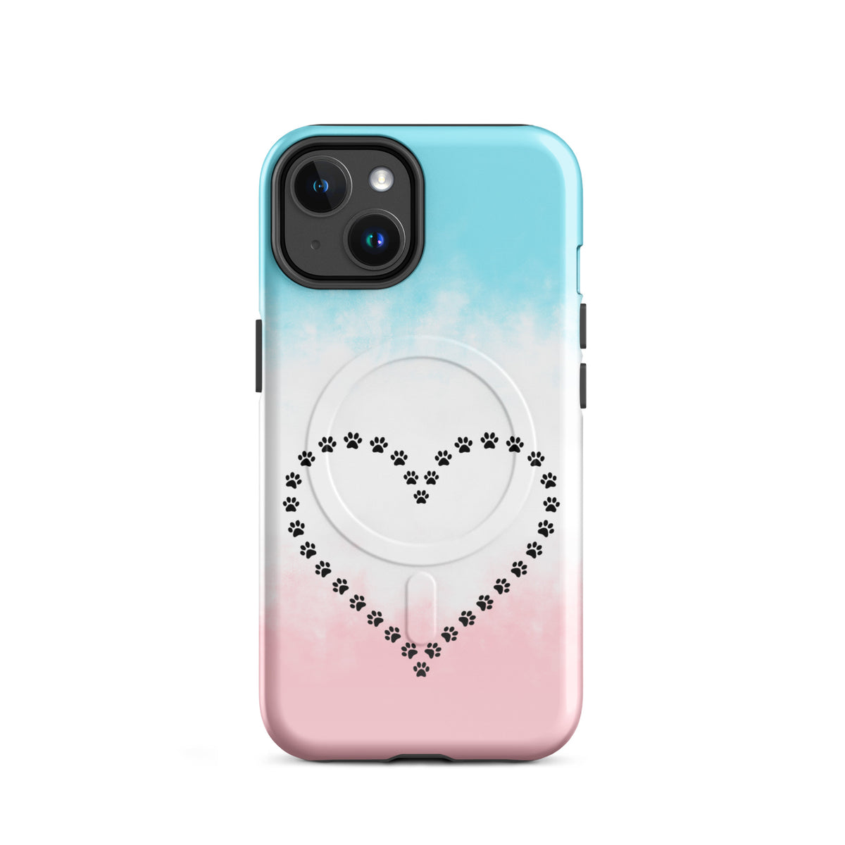Magnetic Phone Case with paw print heart design, blue, white, pink color, ideal for pet lovers, protective cover for iPhone.