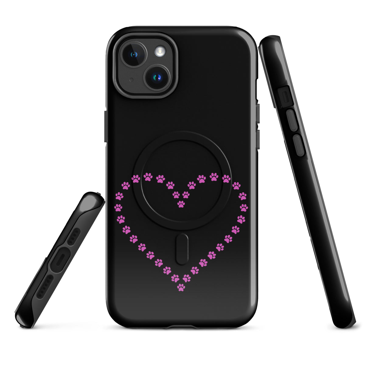 Magnetic Phone Case for iPhone with paw print heart design, black and pink, for pet lovers. Perfect for cat, kitten, dog, or puppy owners.