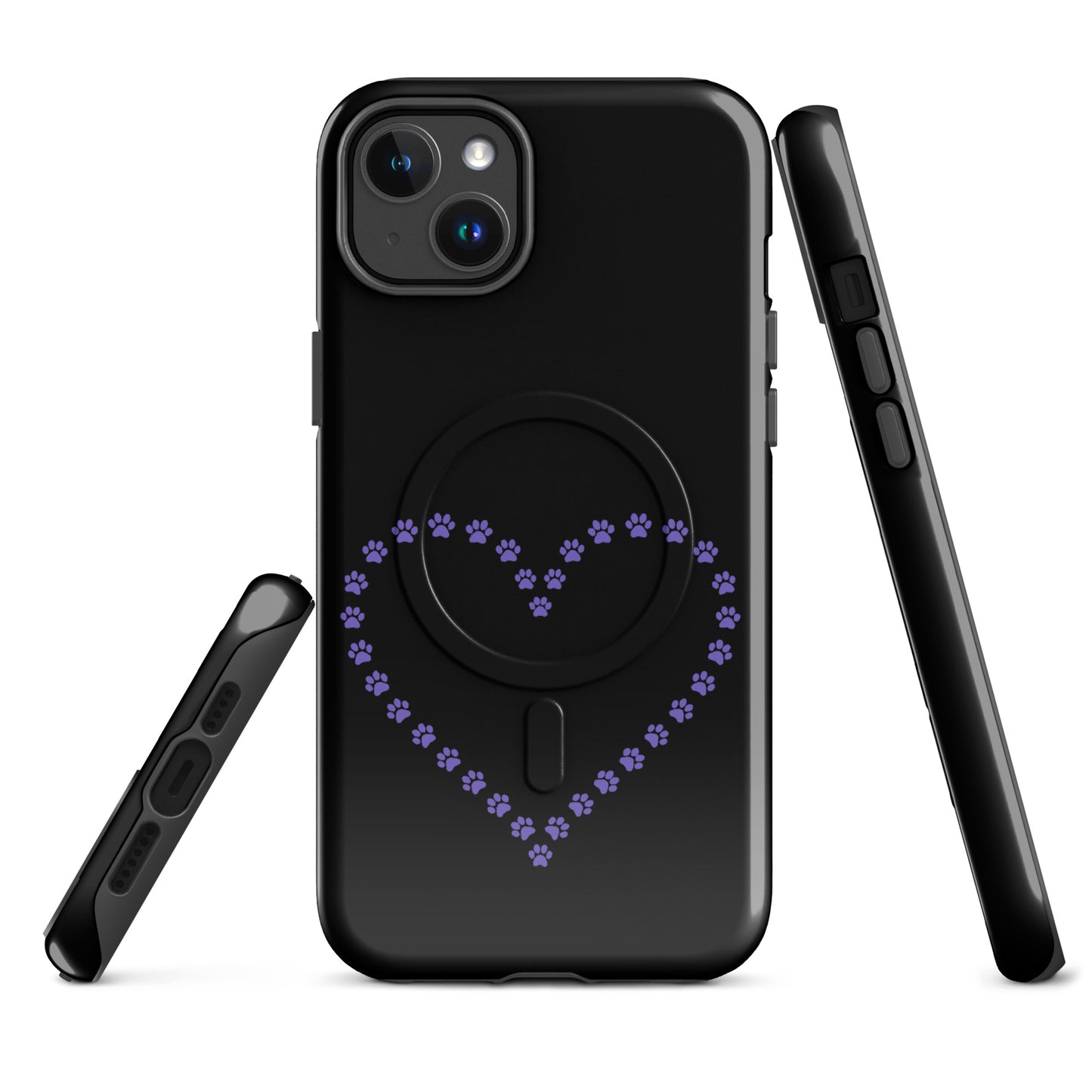 Black/Purple Magnetic Phone Case for iPhone with paw print heart design for pet lovers.