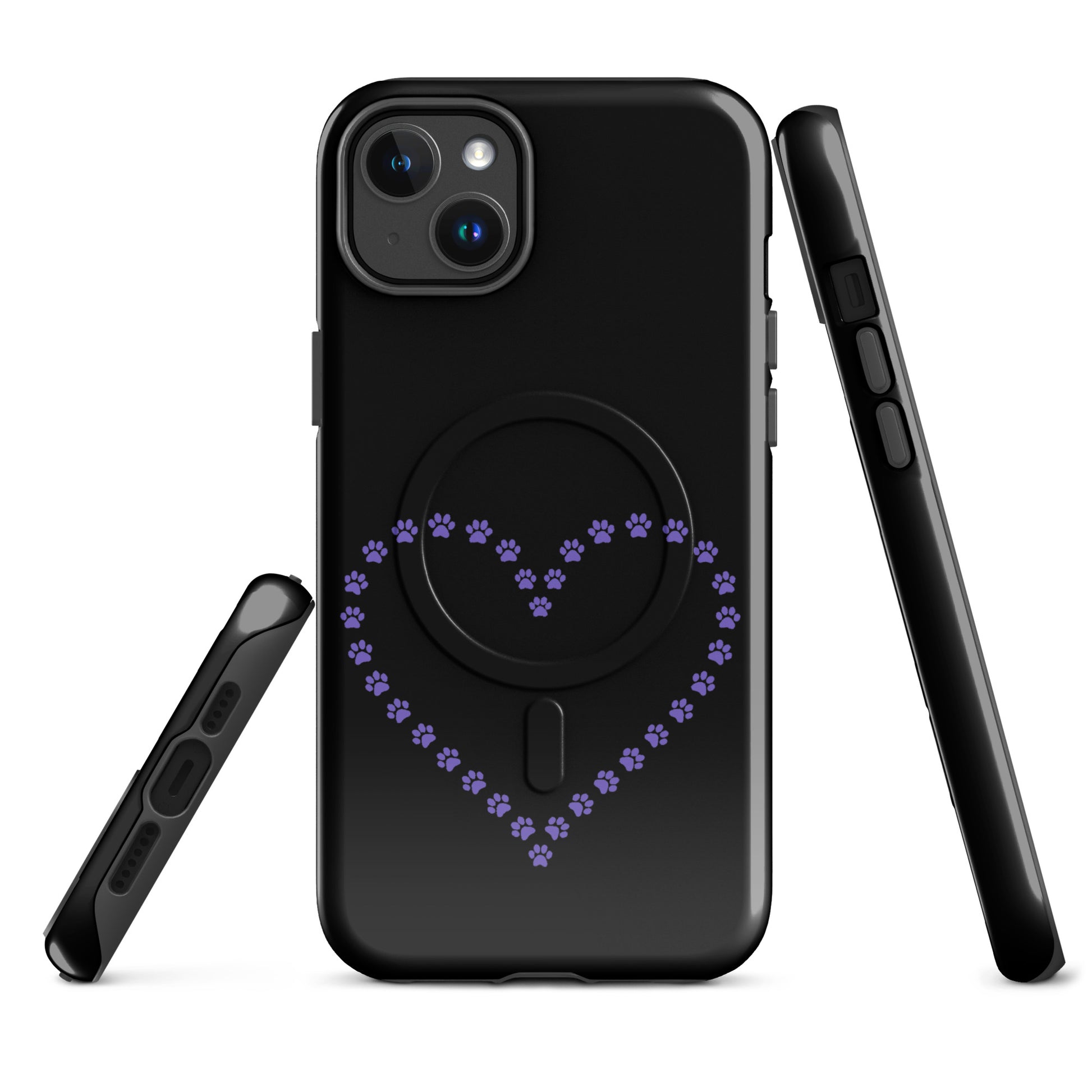 Black/Purple Magnetic Phone Case for iPhone with paw print heart design for pet lovers.