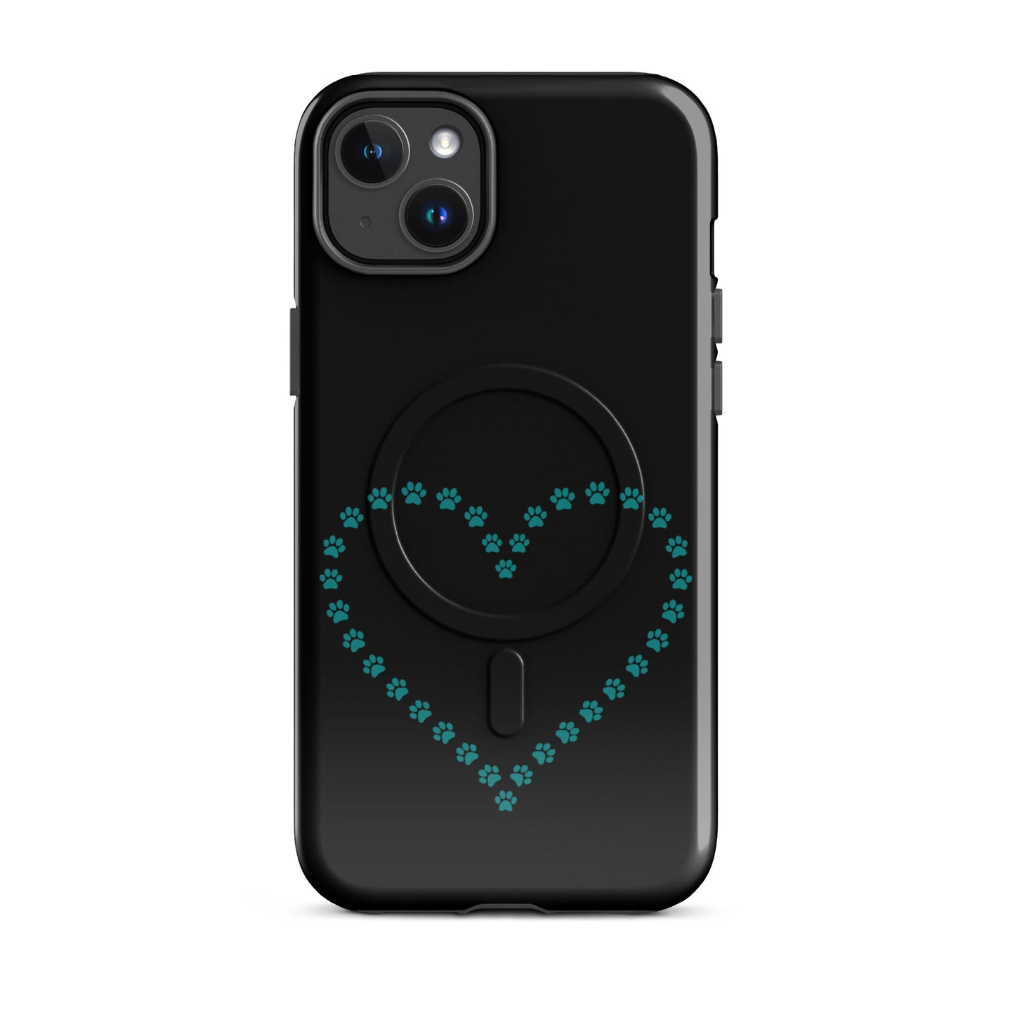 Black/teal Magnetic Phone Case with paw print heart for pet lovers, iPhone cover.