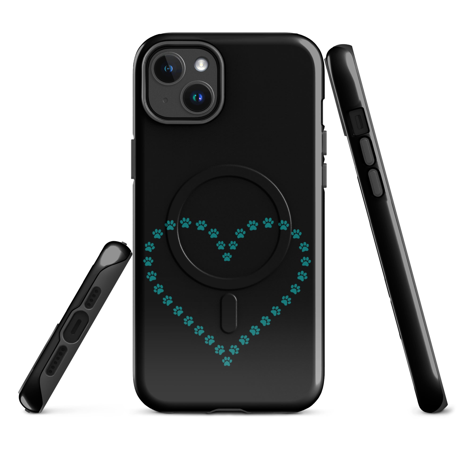 Magnetic Phone Case for iPhone with teal paw print heart design on black, perfect for pet lovers seeking style and protection.