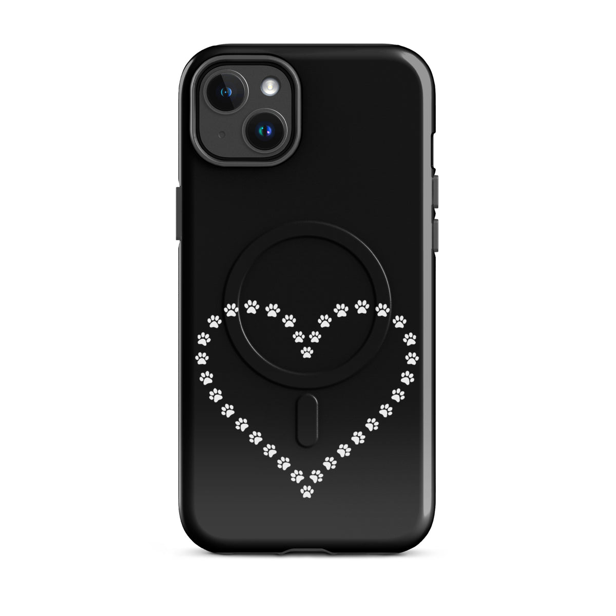 Magnetic Phone Case with paw print heart design for iPhone, perfect for pet lovers, in black and white.