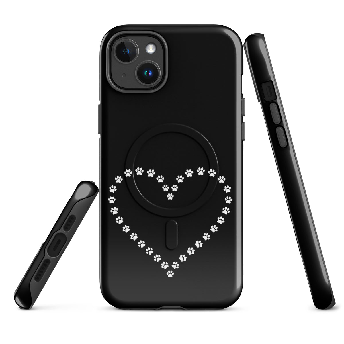 Magnetic Phone Case for iPhone with paw print heart design, perfect for pet lovers, in black and white, offering protection and charm.