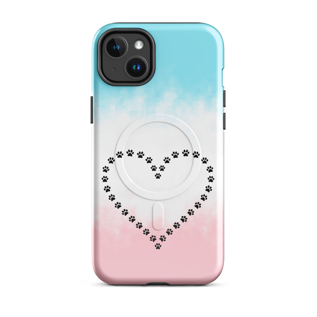 Magnetic Phone Case with paw print heart design in blue, white, and pink for pet lovers