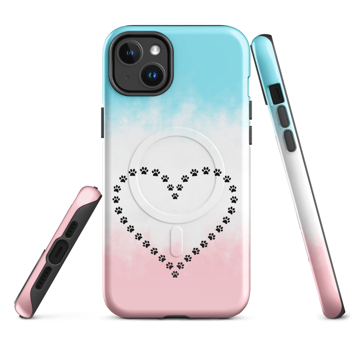 Magnetic Phone Case for iPhone with paw print heart design in blue, white, and pink, perfect for pet lovers and animal design enthusiasts.