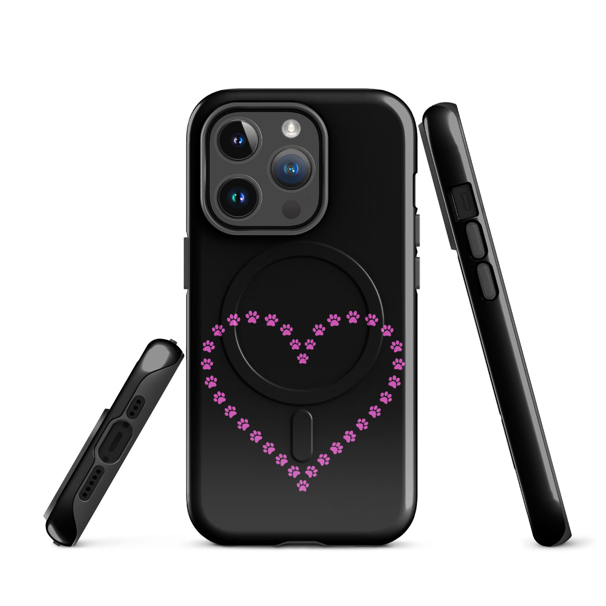 Magnetic Phone Case for iPhone with black and pink paw print heart design, ideal for pet lovers seeking playful yet protective cases.