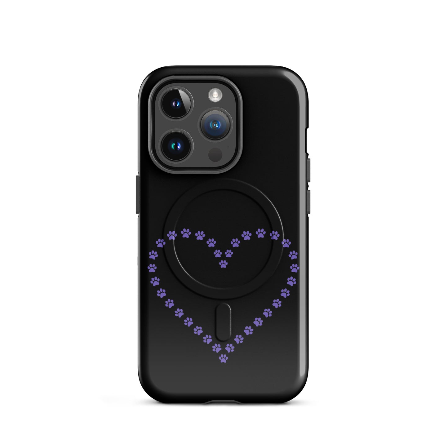 Magnetic Phone Case with paw print heart design in black and purple for pet lovers. Ideal for cats and dogs. iPhone compatible.
