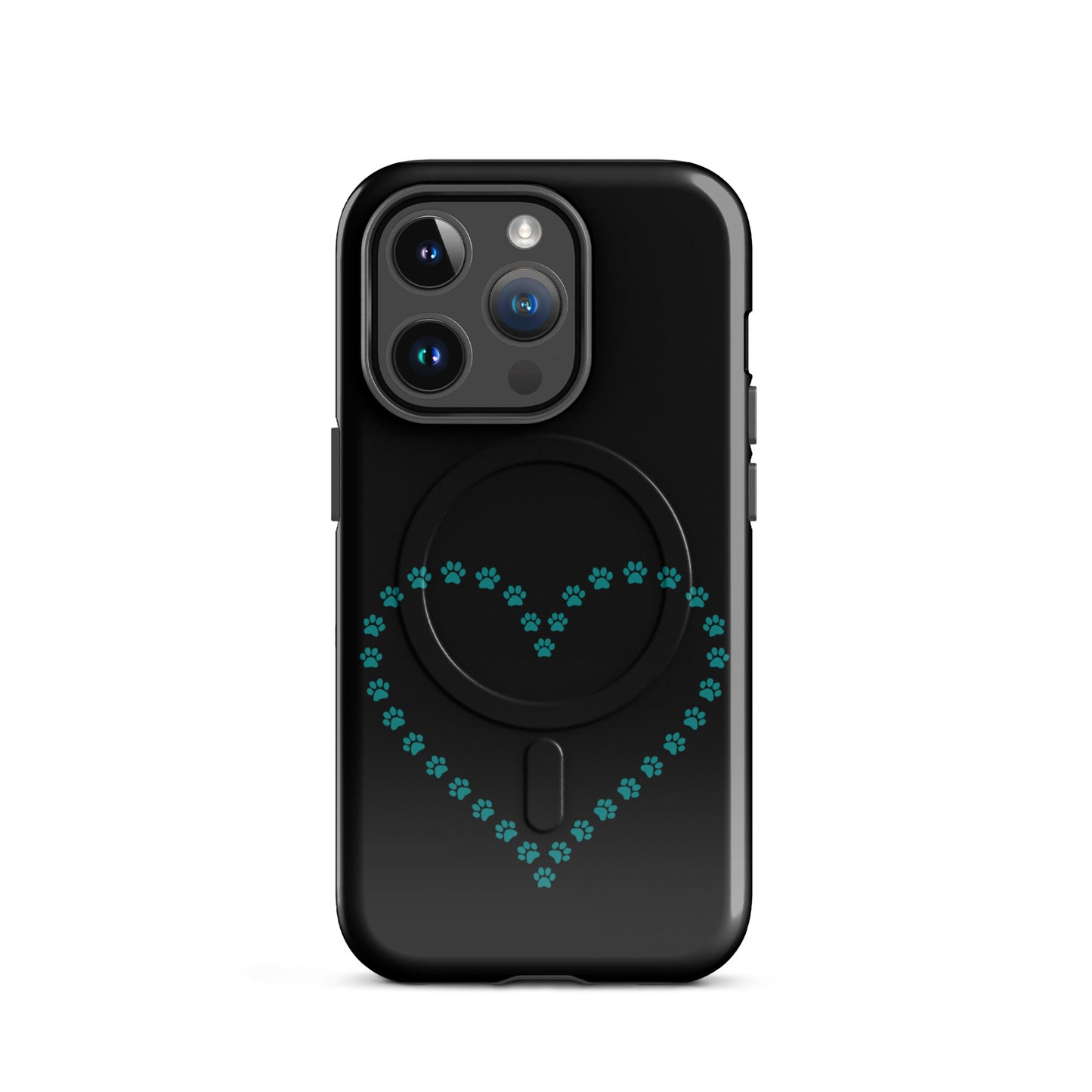 Magnetic Phone Case with teal paw print heart design, perfect for pet lovers, fits iPhone, black color, cute and protective accessory.