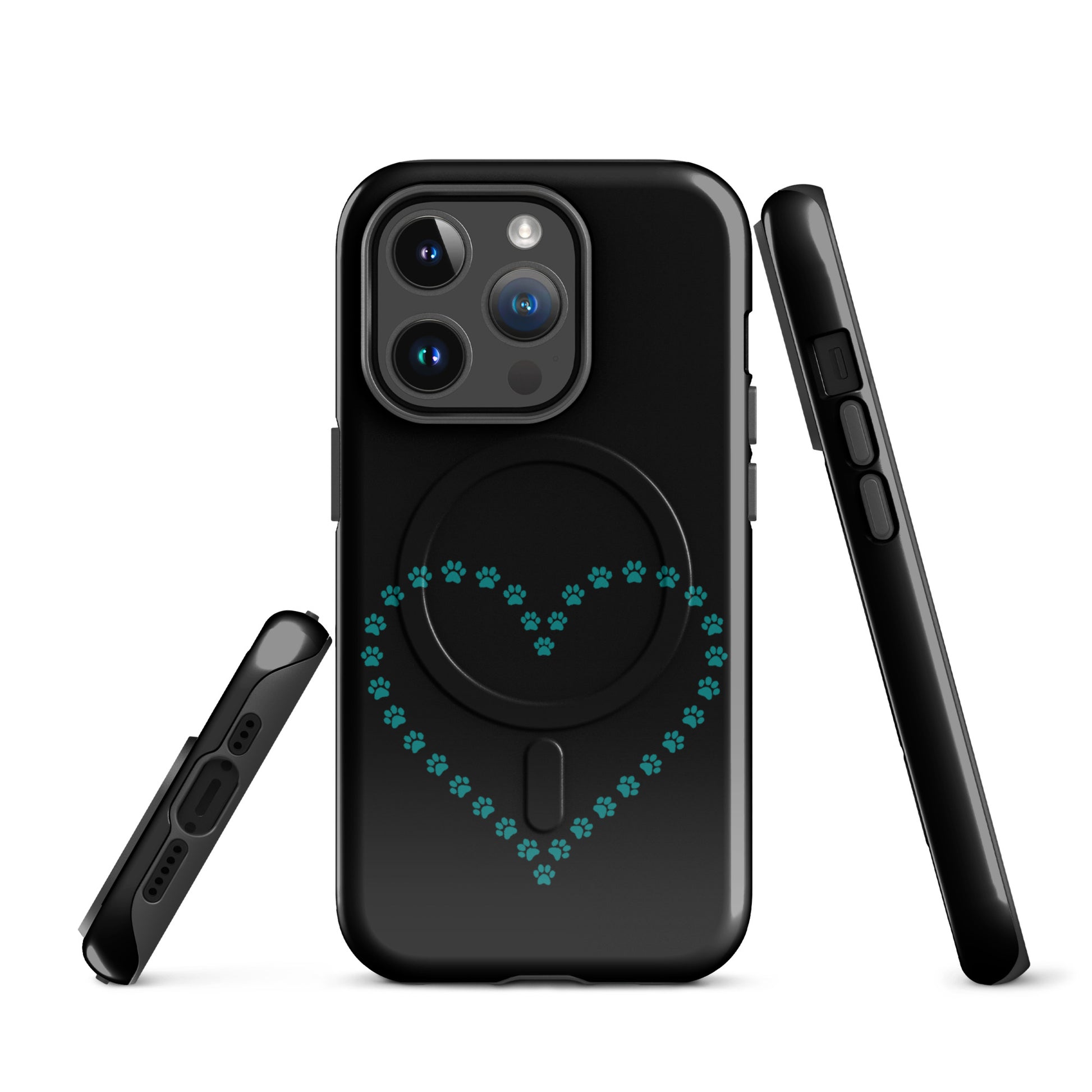 Magnetic Phone Case for iPhone with teal paw print heart design in black, perfect for pet lovers and offering strong protection.