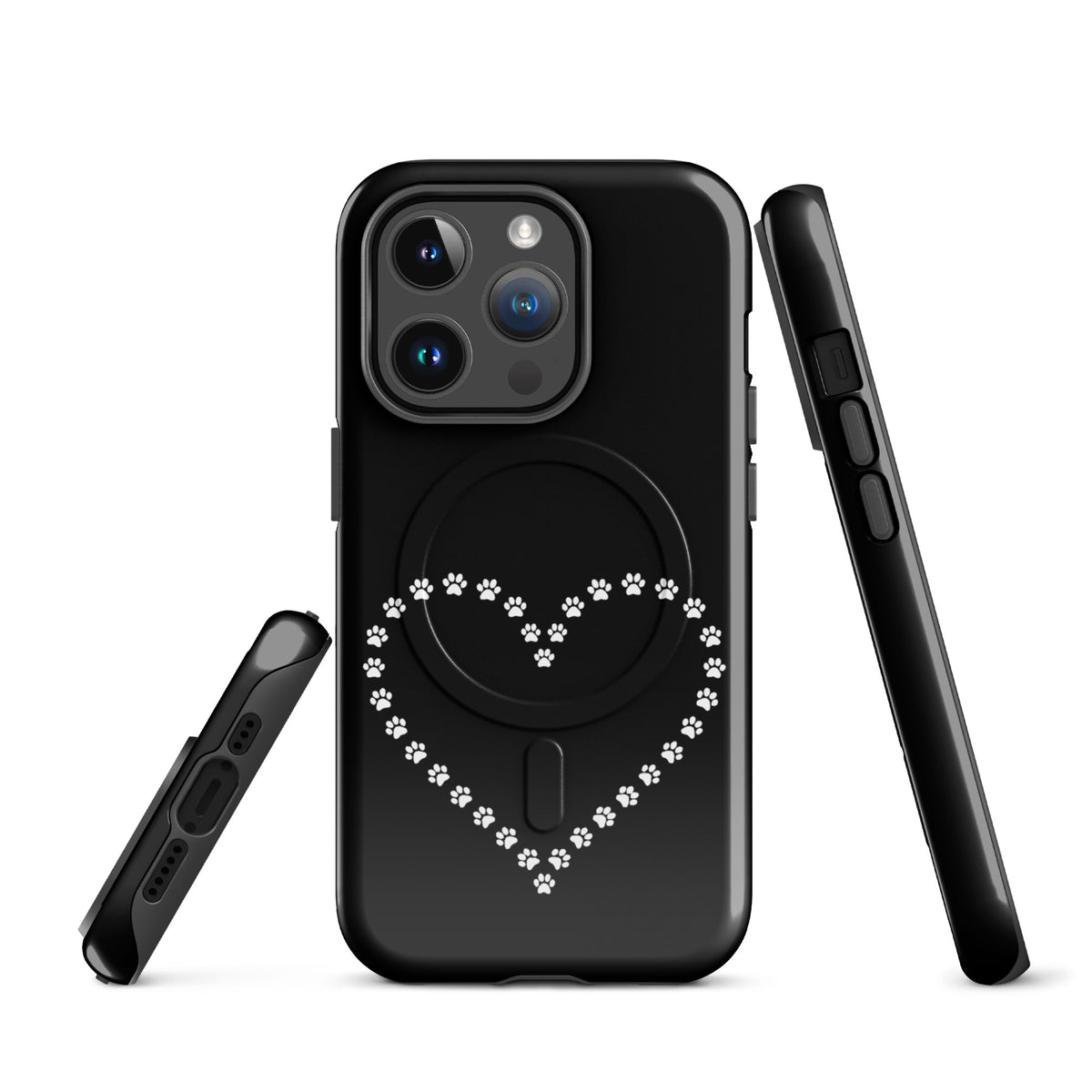 Magnetic Phone Case with paw print heart design for iPhone, black and white, ideal for pet lovers and animal design enthusiasts.