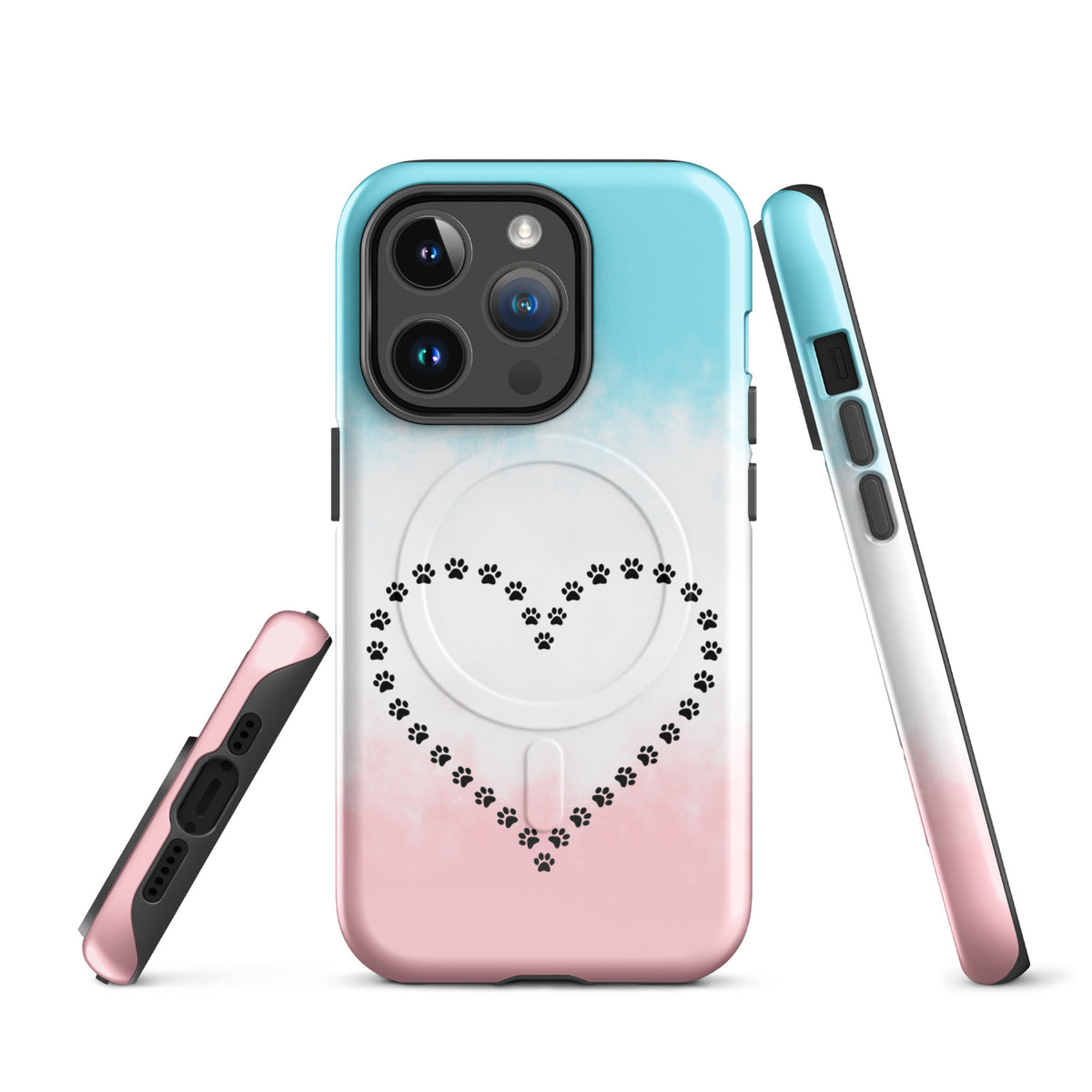 Magnetic Phone Case for iPhone with paw print heart design in blue, white, pink for pet lovers