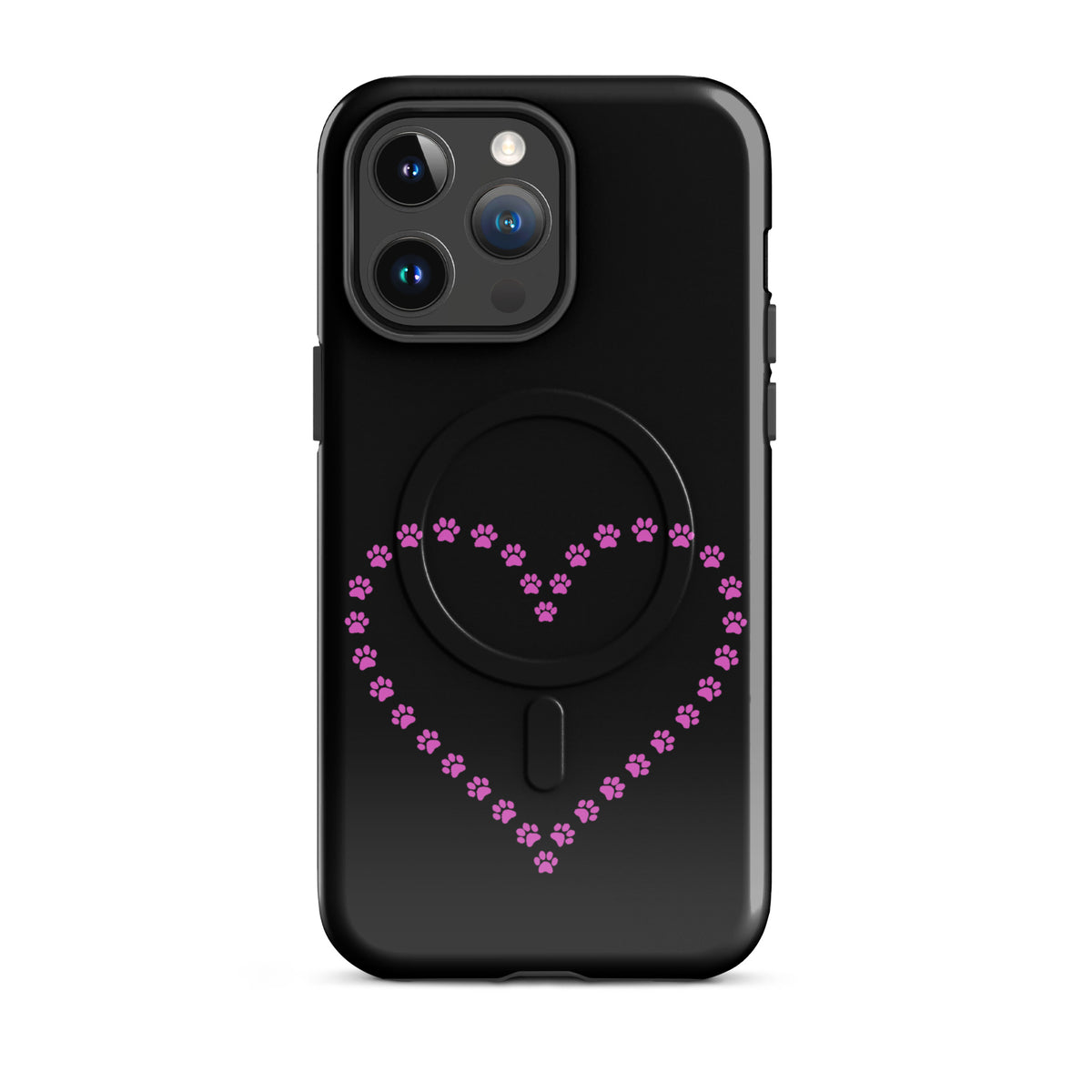 Magnetic Phone Case for iPhone with pink paw print heart design in black, perfect for pet lovers seeking style and protection.