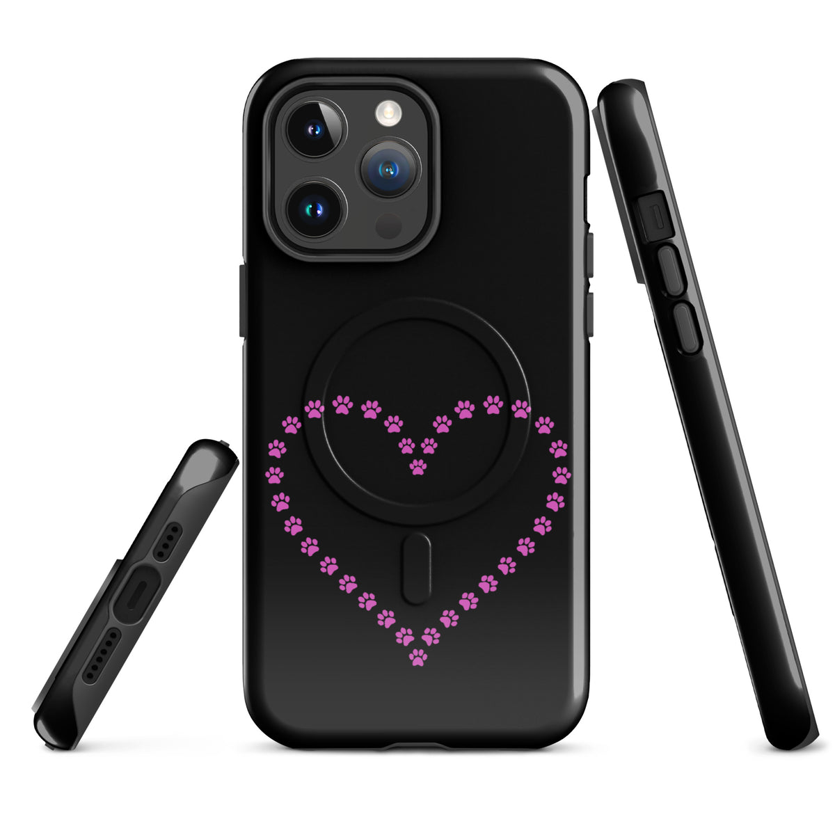 Magnetic Phone Case for iPhone with pink paw print heart design, perfect for pet lovers, in black and pink color.