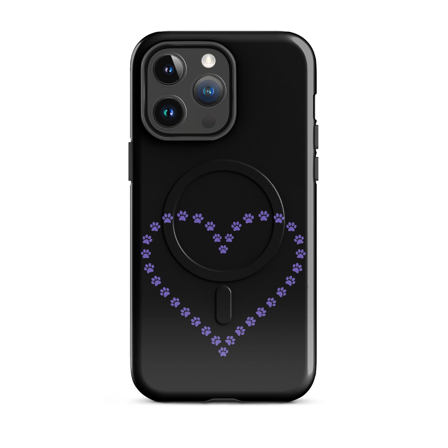 Magnetic Phone Case in black with purple paw print heart for pet lovers, designed for iPhone, offering stylish protection.