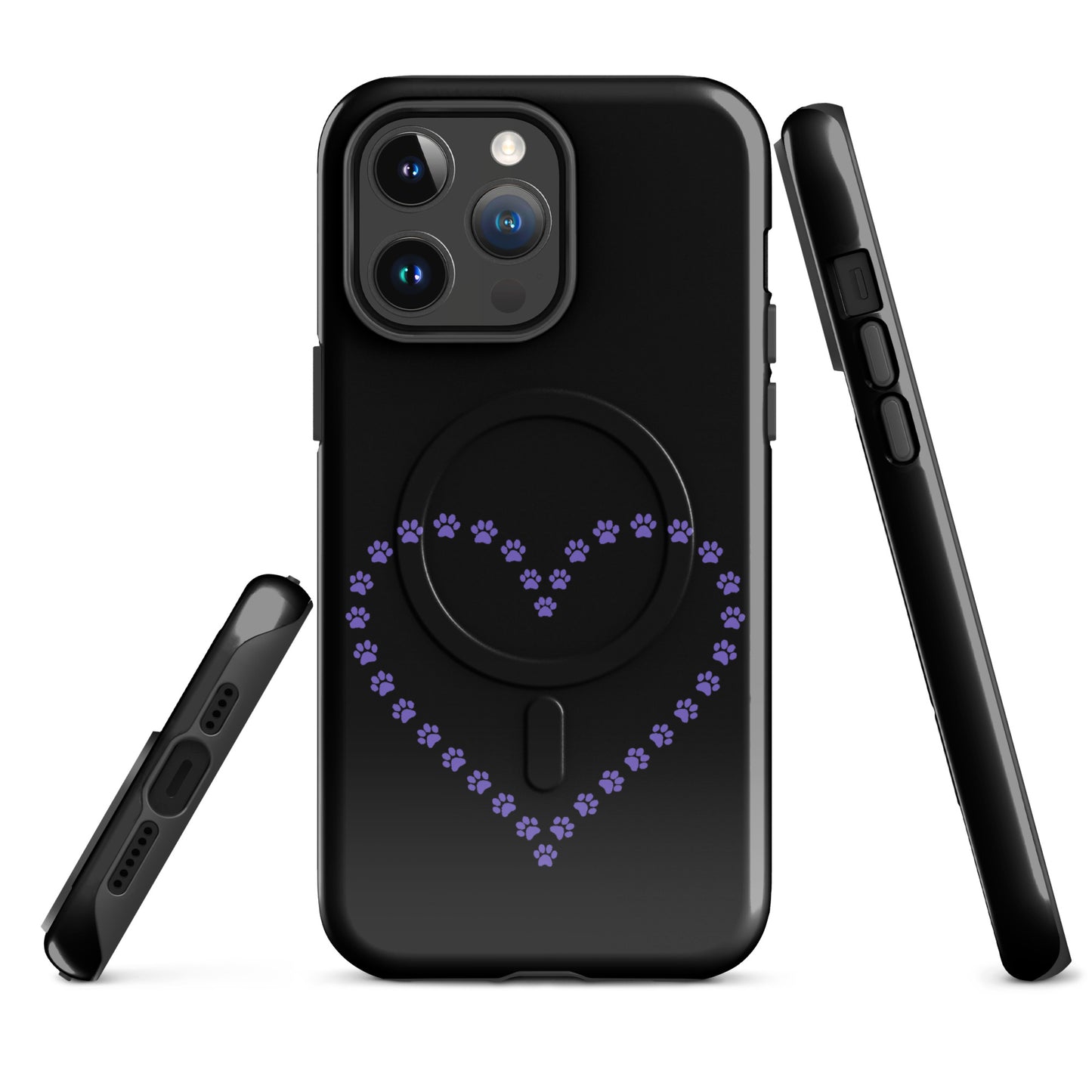 Magnetic Phone Case for iPhone with purple paw print heart design, ideal for pet lovers seeking stylish protection in black hue.