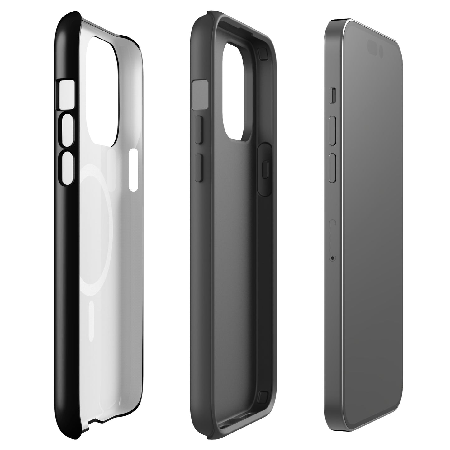 Magnetic Phone Case with paw print heart design in black and purple, ideal for pet lovers with iPhones, shown in three angles.