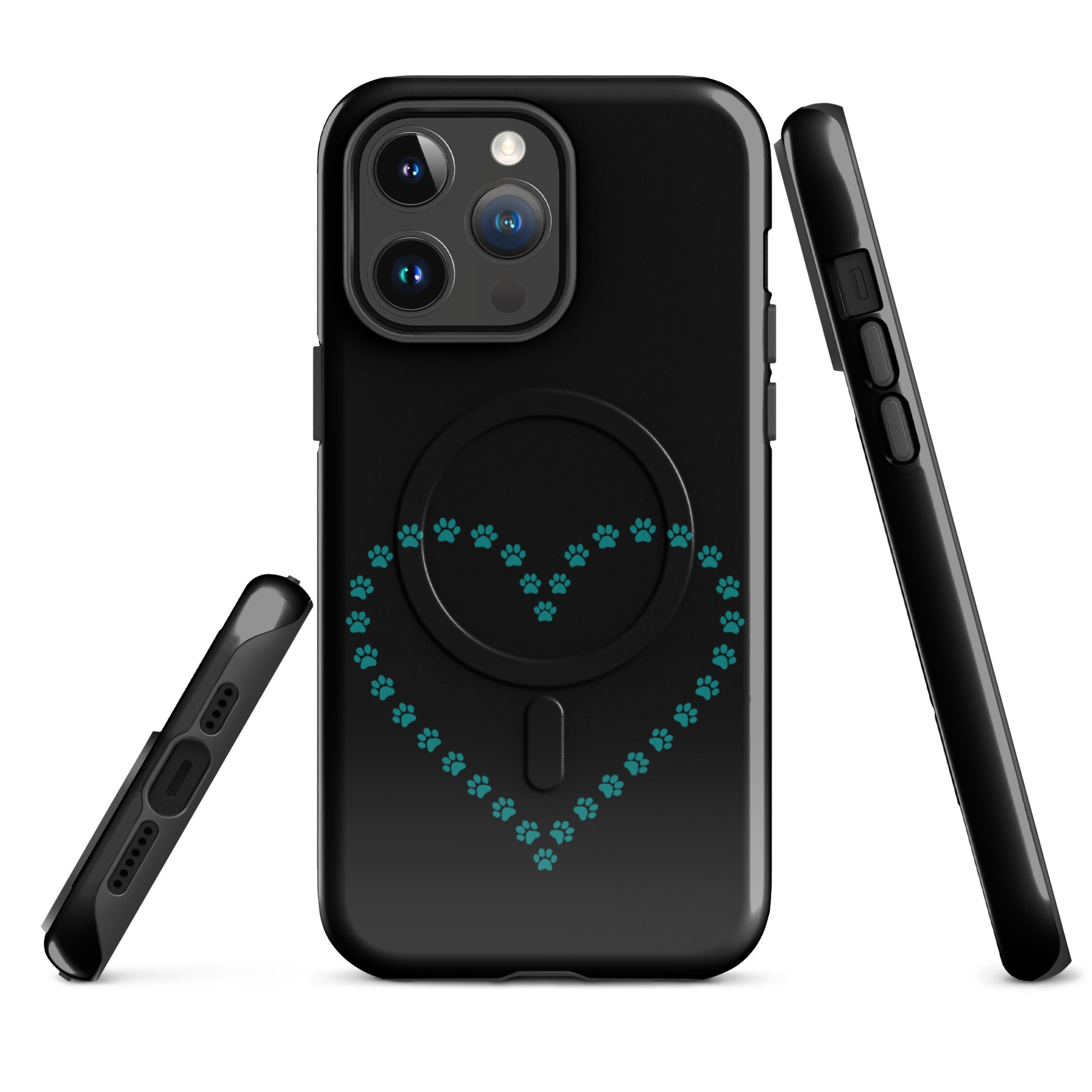 Magnetic Phone Case with paw print heart design for pet lovers in black and teal, compatible with iPhone. Perfect for dog and cat owners.