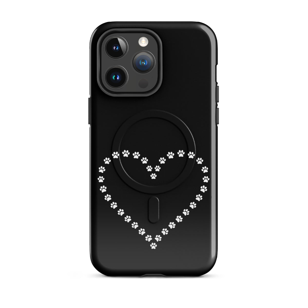 Magnetic Phone Case with paw print heart design for pet lovers, black and white iPhone case