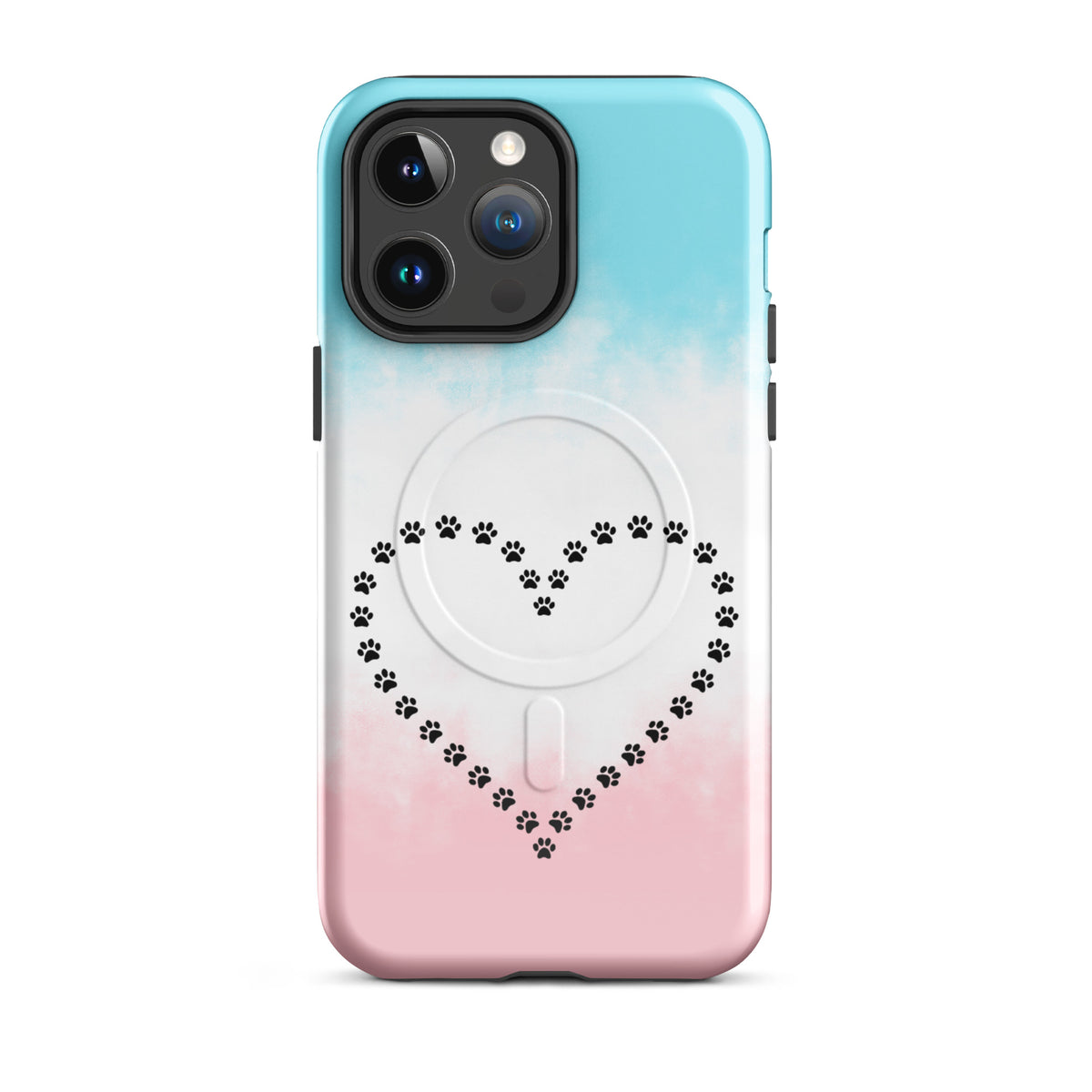 Blue, white, and pink Magnetic Phone Case with paw print heart design for pet lovers.