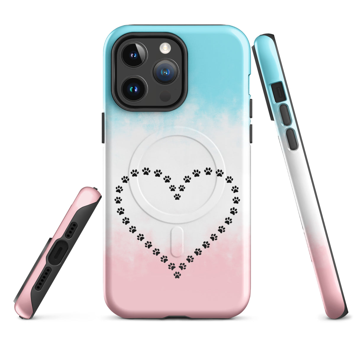 Magnetic Phone Case with paw print heart design; blue, white, pink gradient for iPhone; ideal for pet lovers.