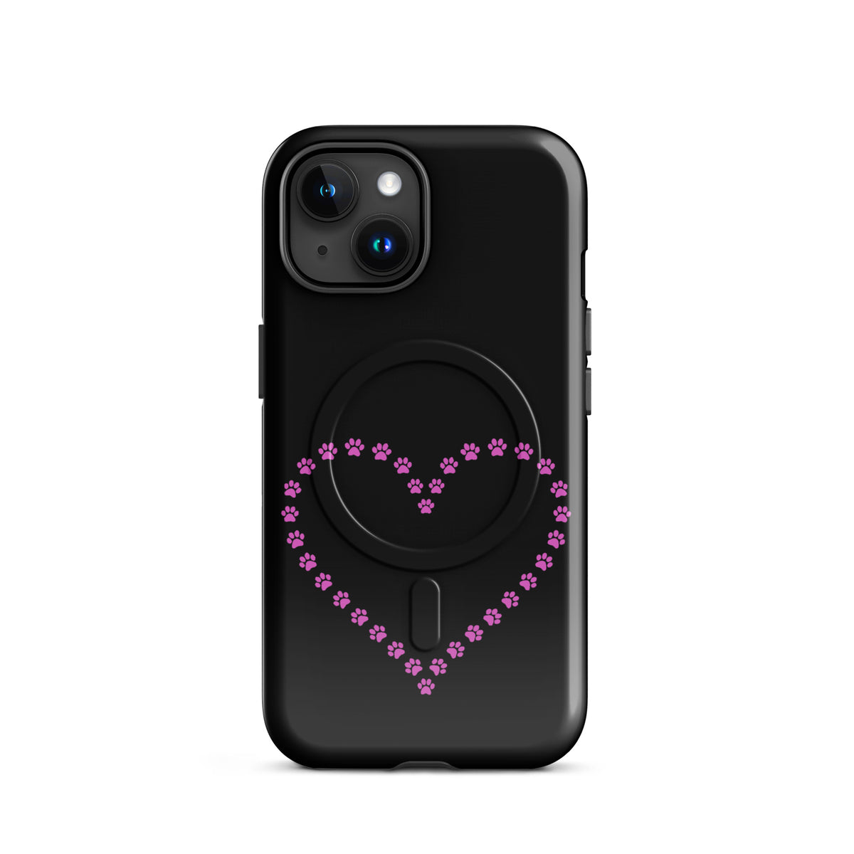 Black Magnetic Phone Case with pink paw print heart design for iPhone, ideal for pet lovers seeking protection and style.