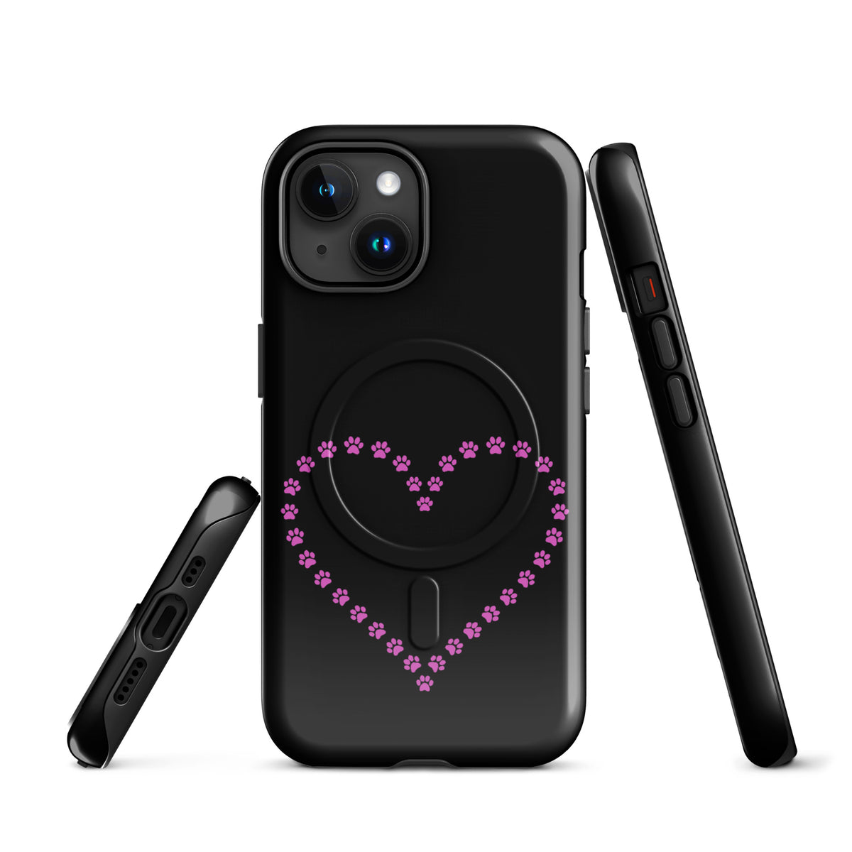 Magnetic Phone Case for iPhone with pink paw print heart design, ideal for pet lovers, in black/pink color.