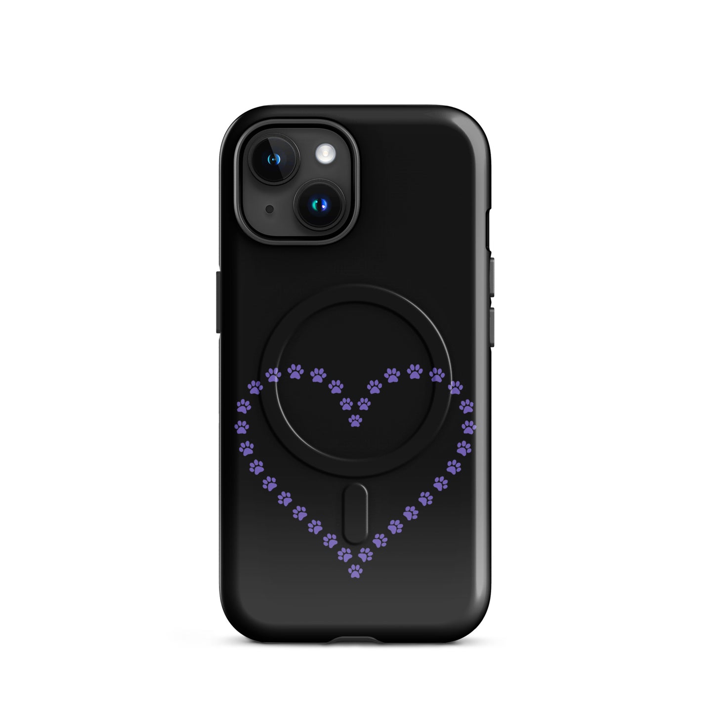 Magnetic Phone Case with black and purple paw print heart design for iPhone, perfect for pet lovers seeking charm and protection.