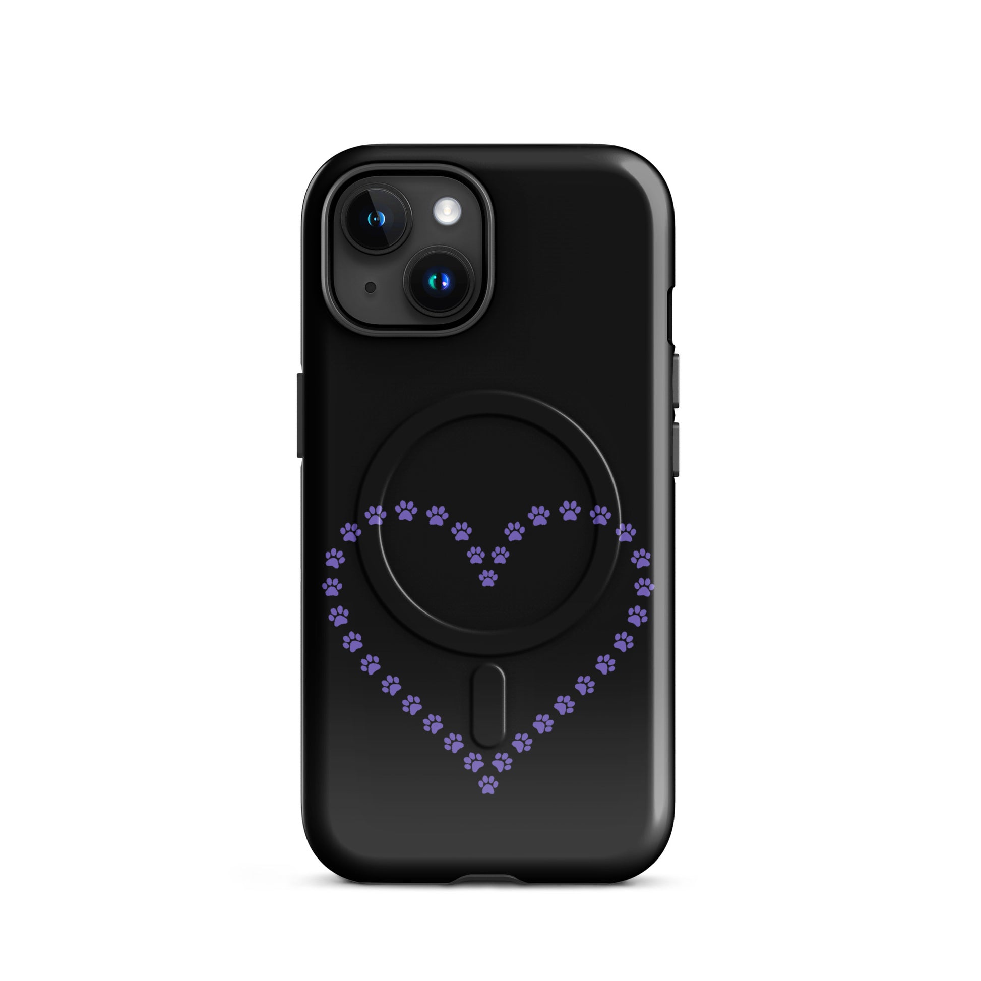 Magnetic Phone Case with black and purple paw print heart design for iPhone, perfect for pet lovers seeking charm and protection.