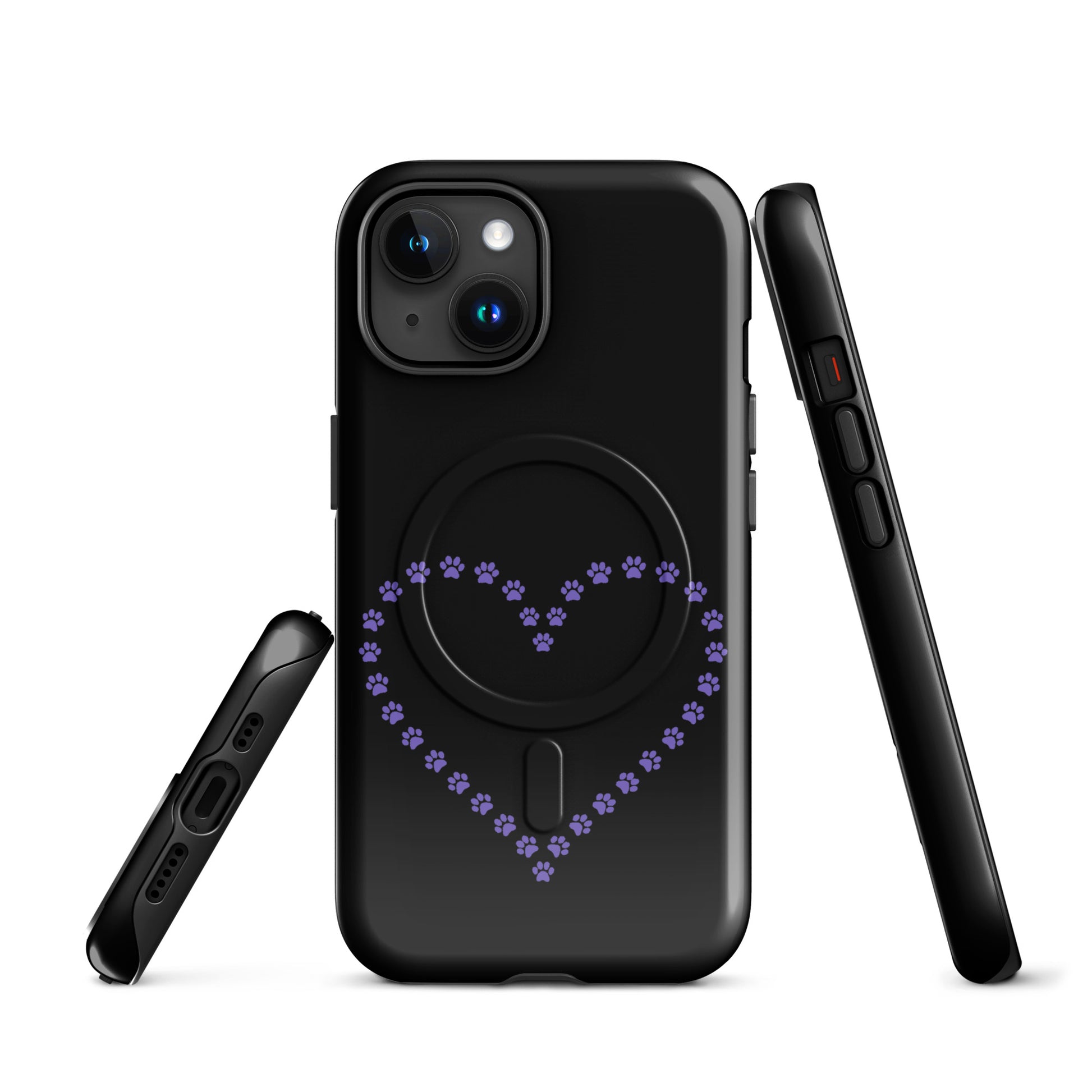 Magnetic Phone Case for iPhone with purple paw print heart design, perfect for pet lovers, in black/purple color.